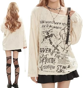 Gothic Grunge Aesthetic Oversized Long Sleeve Shirt for Women Distressed Tee Alt Clothes E-Girl Streetwear Tops