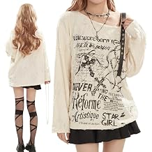 Gothic Grunge Aesthetic Oversized Long Sleeve Shirt for Women Distressed Tee Alt Clothes E-Girl Streetwear Tops