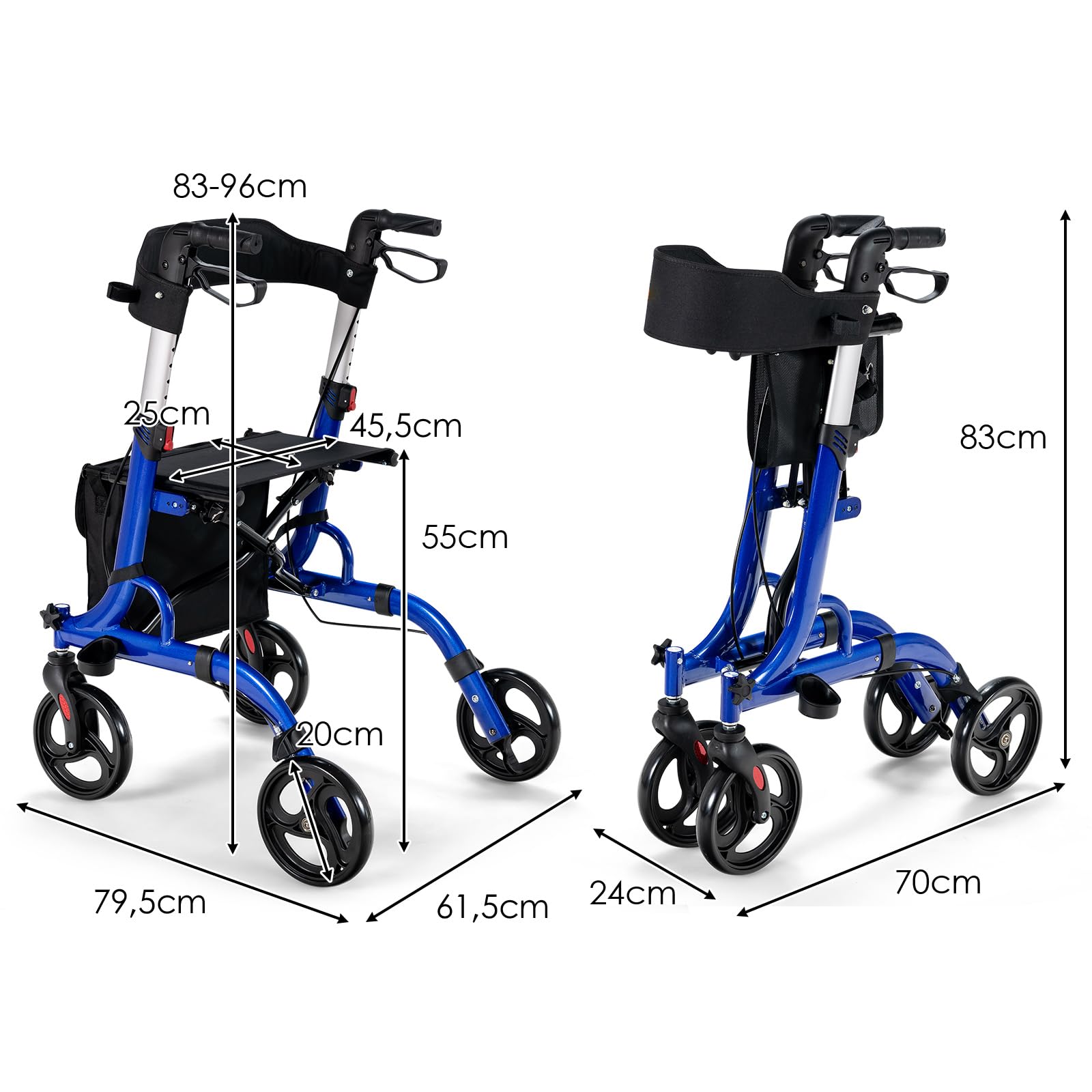 COSTWAY 2 en 1 Andador para Ancianos con Asiento, Andador Rodante Plegable con Ruedas de 20 cm, Aleación de Aluminio, Manijas Ajustables, Sistema de Doble Freno, Bolsa de Almacenamiento (Azul)