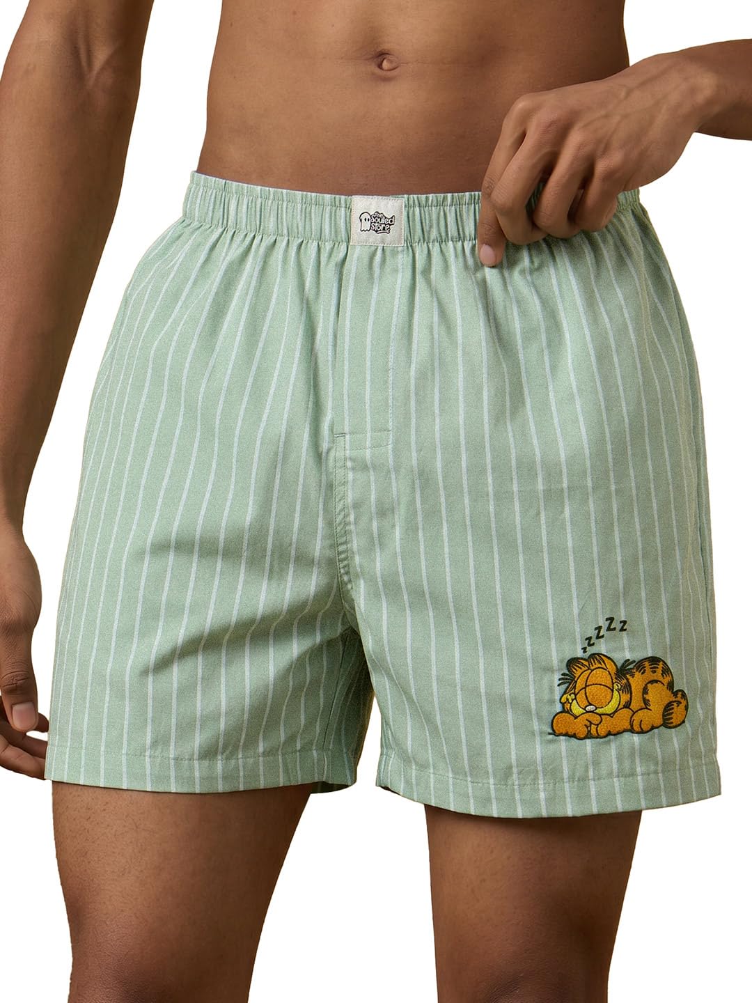 Garfield: Sleepy Head Men and Boys Elastic Waistband Sage Green Embroidered Striped Cotton Regular Fit Official Licensed Lightweight Everyday All-Season Boxer Shorts-image-6