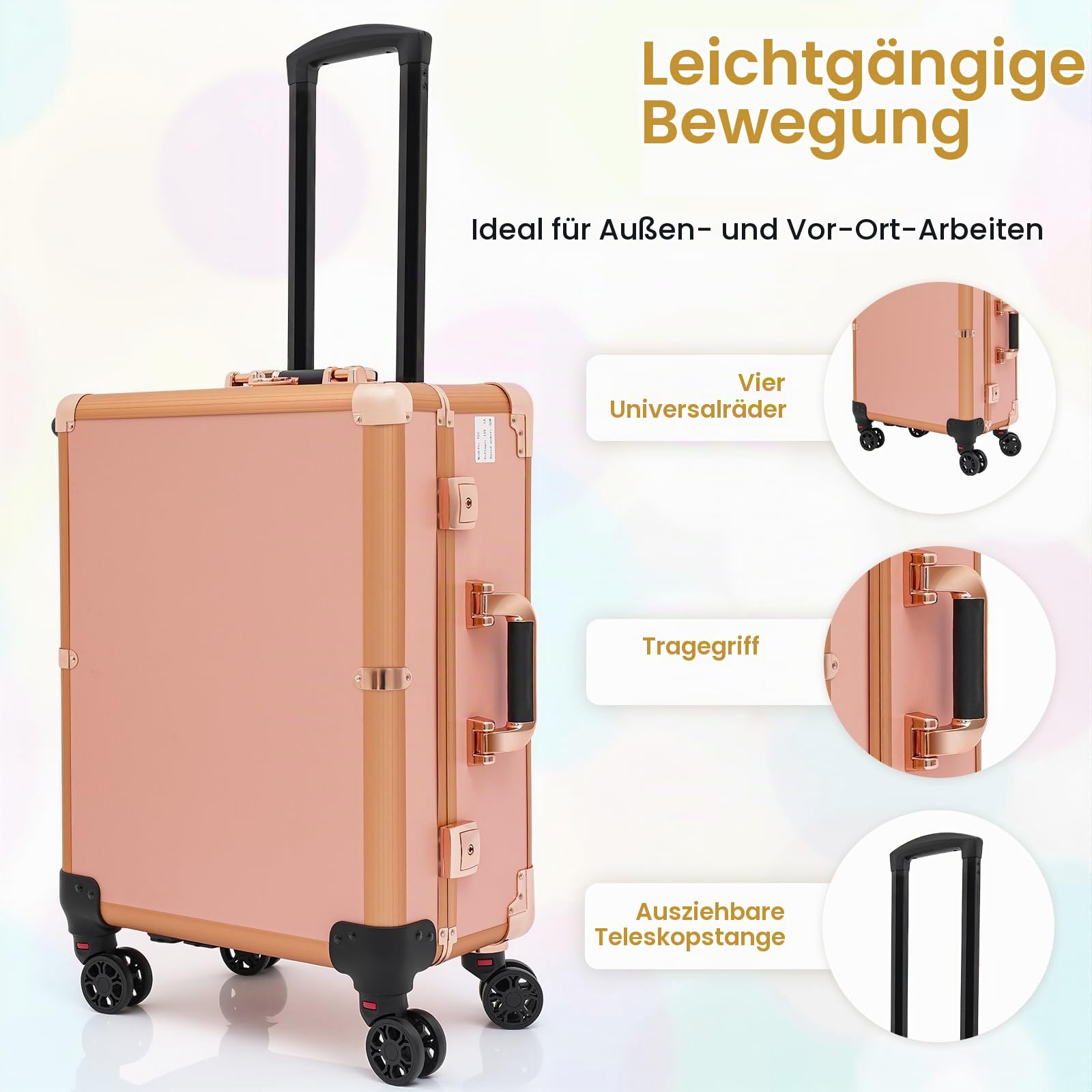 Kosmetikkoffer Trolley Schminkkoffer mit Beleuchtung & Spiegel, Make up Koffer mit verstellbare Beine Profi-Schminkstation mit Rollen Kosmetik Trolley Beauty Case