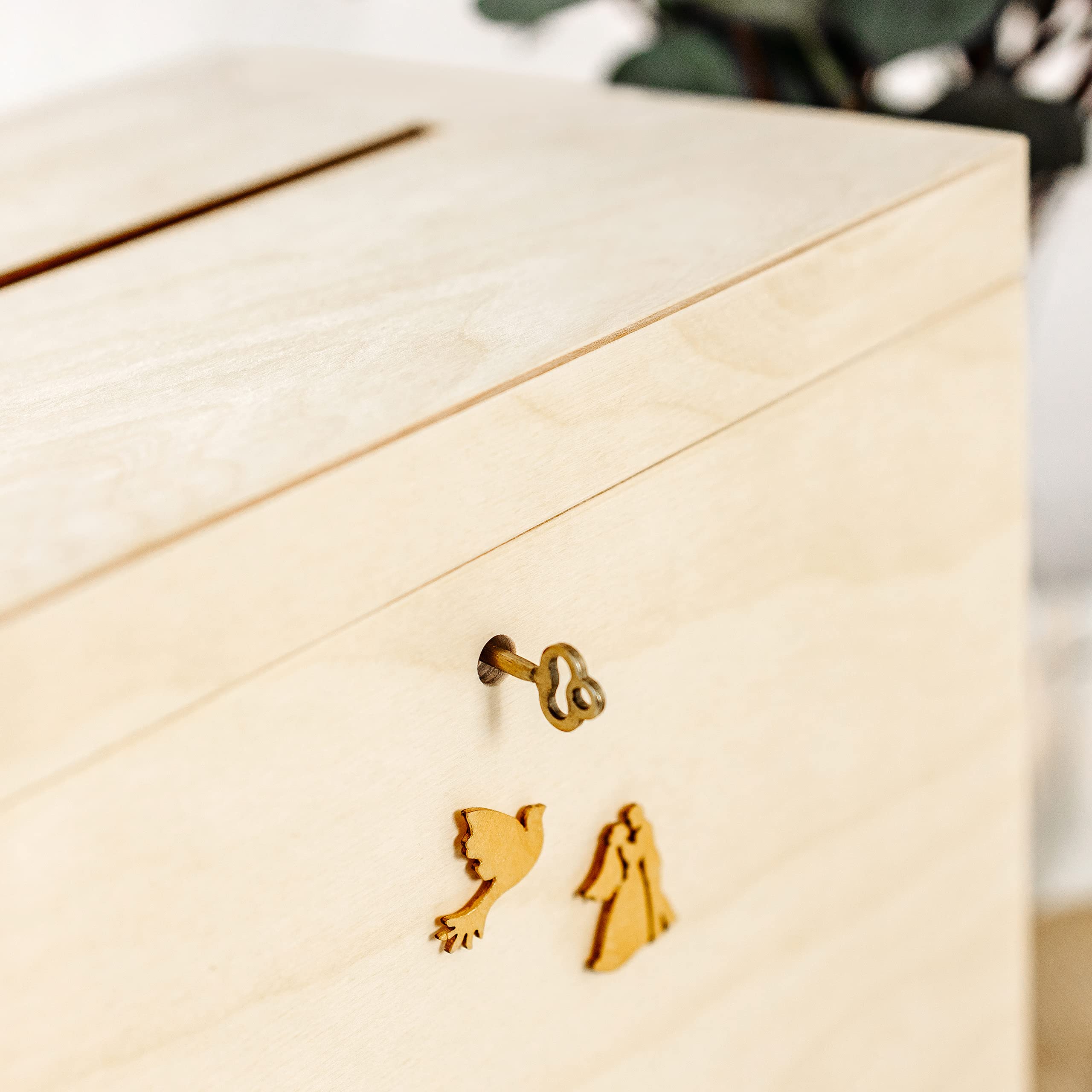 Creative Deco Boite en Bois pour Enveloppes | 29 x 25 x 30 cm | Bois Naturel | avec Couvercle et Clé | Boîte pour Occasions Spéciales | Urne Anniversaire | Mariage | Boite a Souvenirs, Cartes Lettre