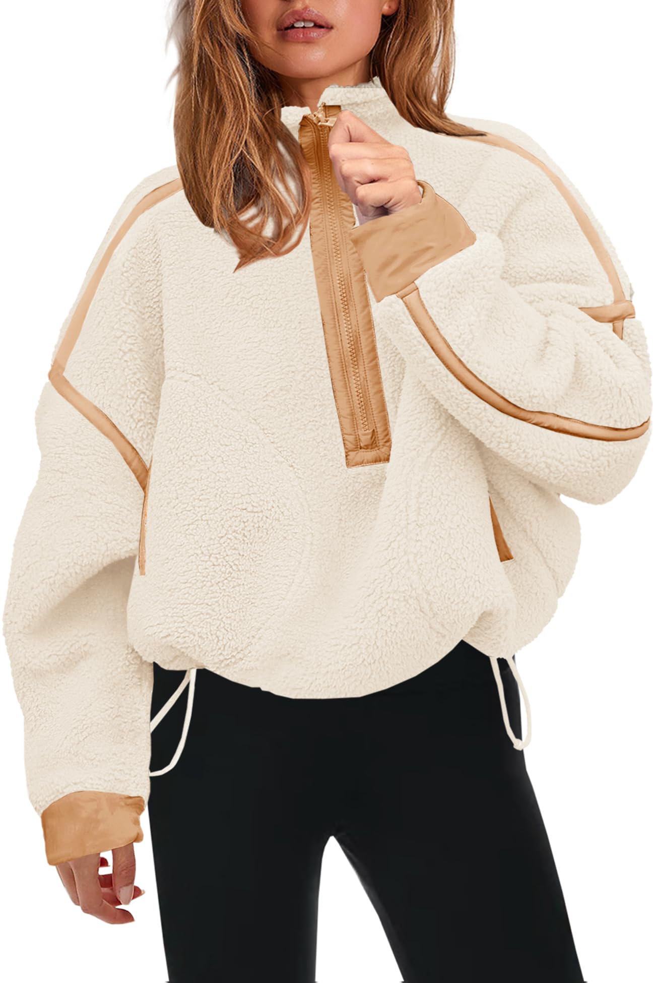 Panadila Womens Half Zip Sherpa Fleece Pullover Soft Oversized Sweatshirt with Pockets Warm Fuzzy Sweater, Beige Khaki Combo, XS