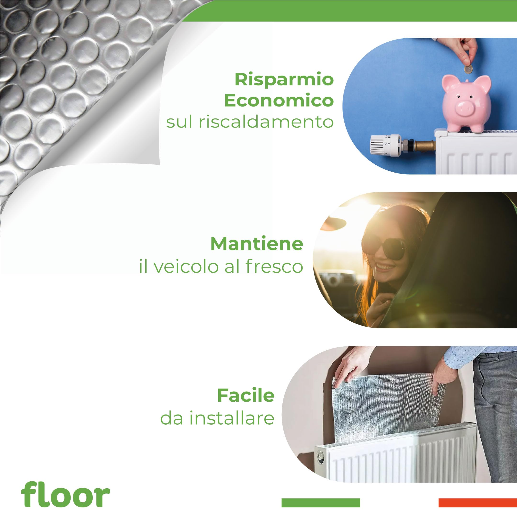 FLOOR SYSTEMS Pannelli Termoriflettenti per Termosifoni a Doppio Strato Isolante - 10m x 60cm - Isolante Termico Riflettente per Caloriferi, Camping, Automobili - Protegge da Freddo, Caldo e Luce