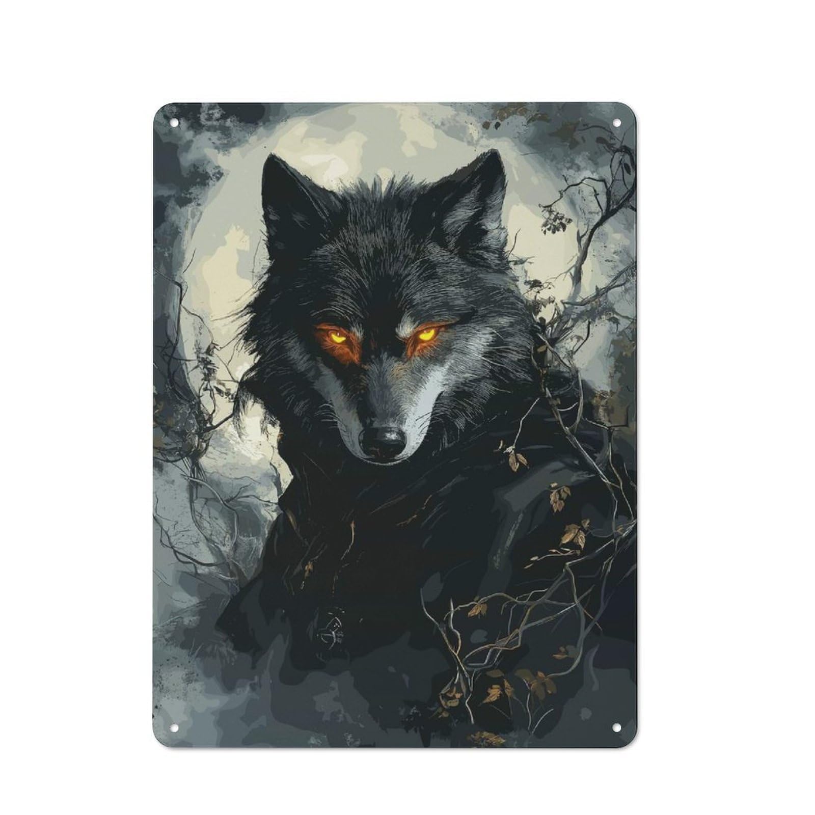 Wolf with Glowing Eyes Cottage Style Metal Wall Decor 40x30cm, Farmhouse Metal Sign for Farmhouse Kitchen, Pantry Or Dining Area