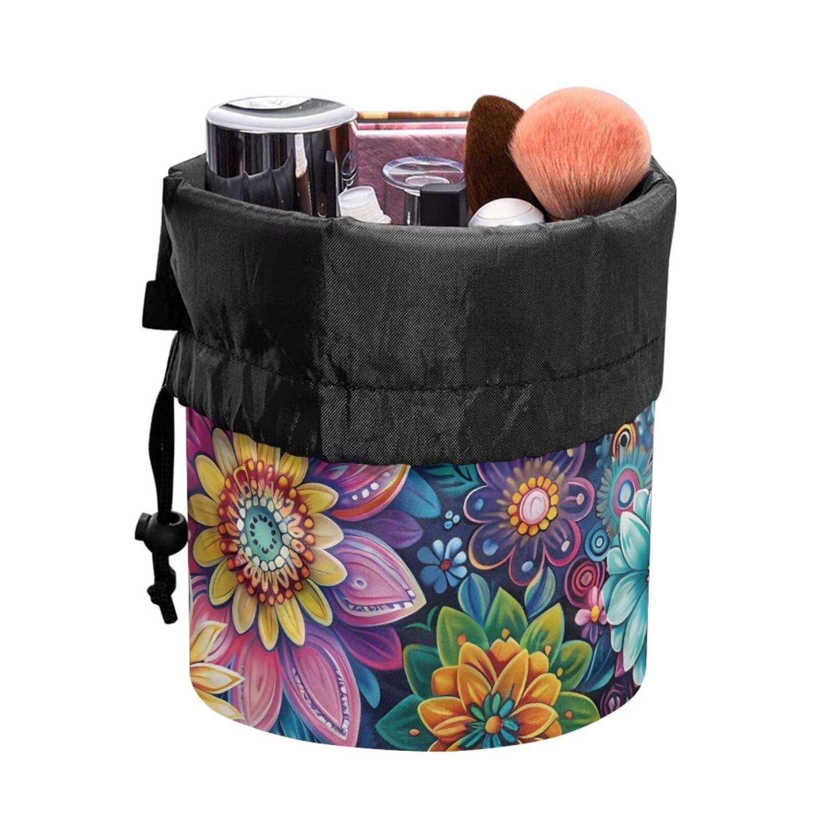 chaqlin Hippie Lotus Print Travel Cosmetic Bags Barrel Makeup Bag,Women Girls Portable Foldable Cases Multifunctional Toiletry Bucket Bags Round Organizer Storage Pocket - Image 4
