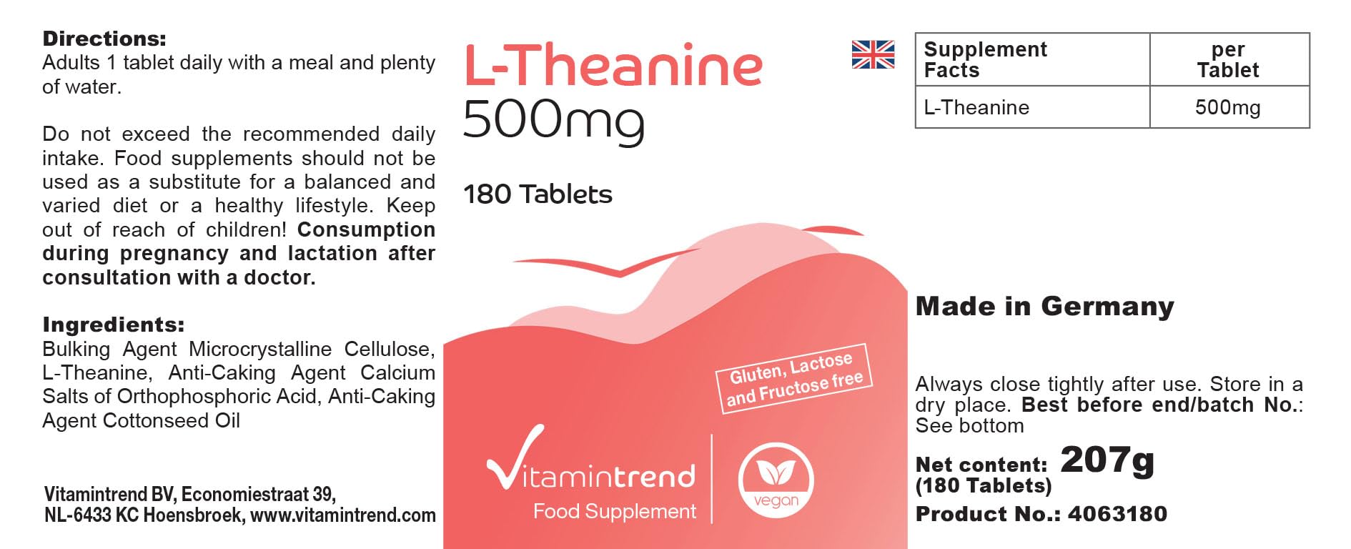 Vitamintrend L-Théanine haute dose 500 mg, 180 comprimés, acide aminé, complément alimentaire végan sans additifs, fabriqué en Allemagne