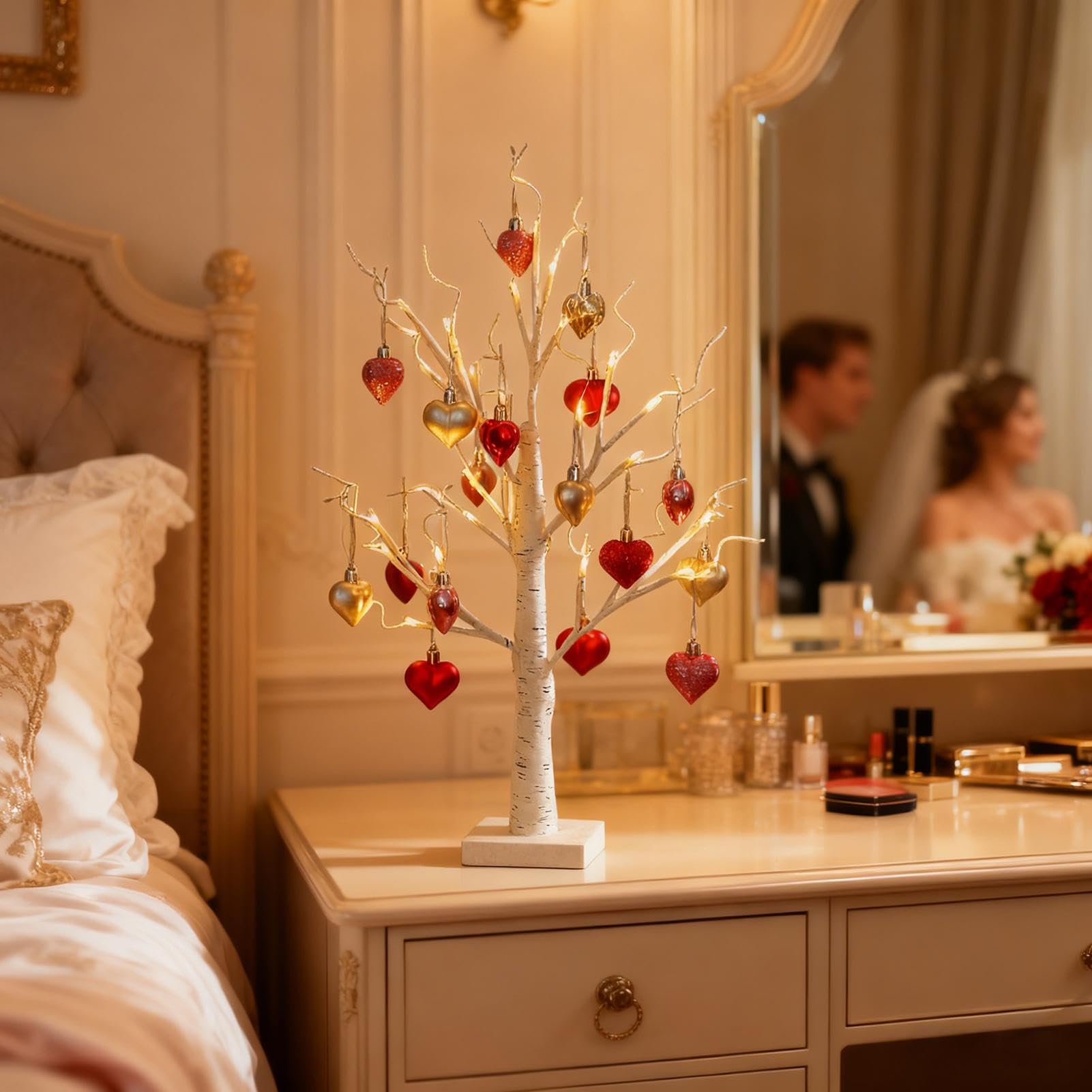 Árbol de abedul, centro de mesa romántico artificial iluminado con 18 adornos en forma de corazón, decoración del día de San Valentín para amigos, boda, granja, dormitorio, sala de estar, hogar