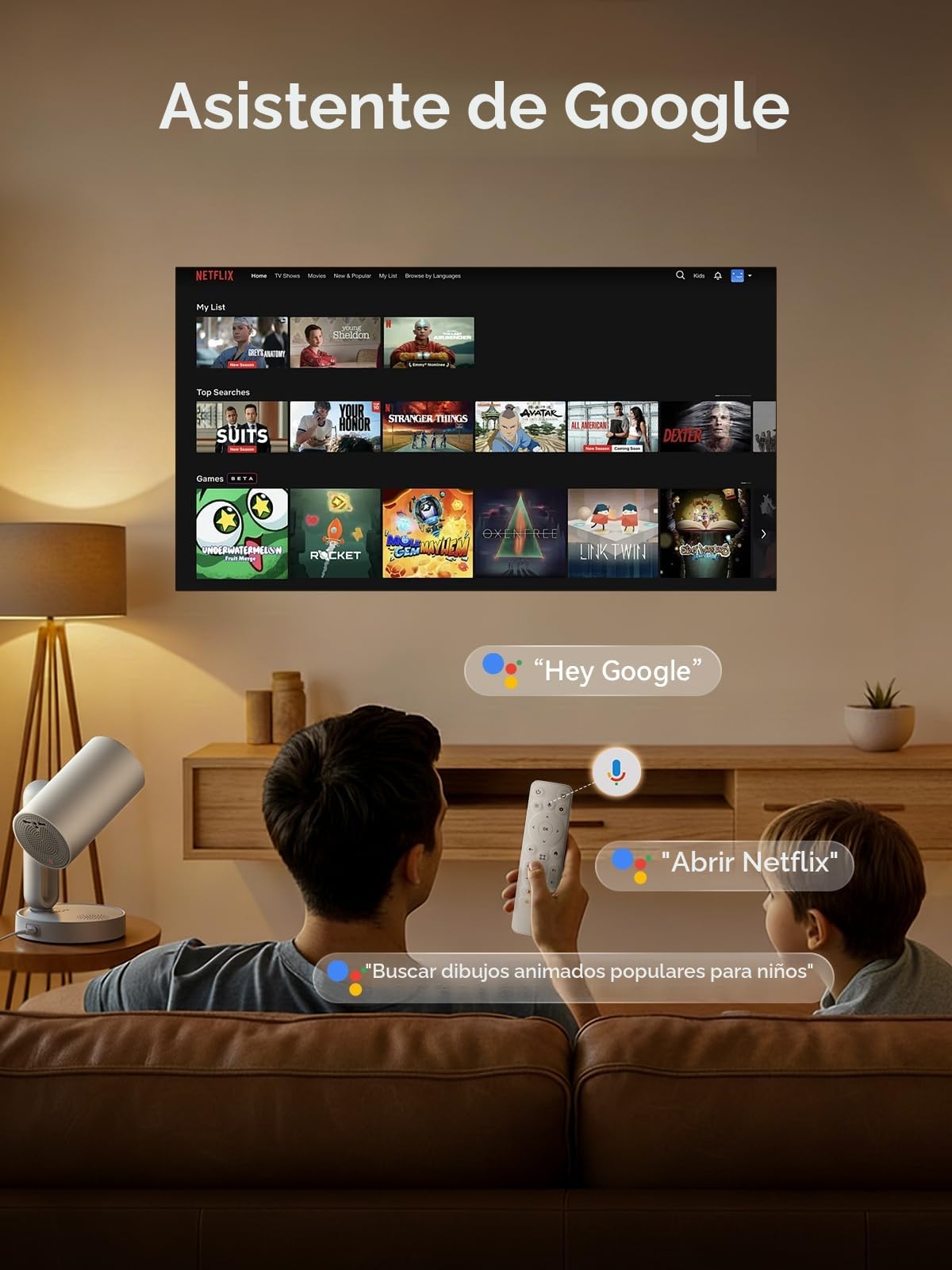 ETOE Mini Proyector con Google TV y Netflix Oficiales, Proyección Cielo Estrellado, Autofocus/Keystone, 1080P Nativo, Giratorio 140°, Control por Voz, Diseño Sellado, Proyector 4K para Dormitorio