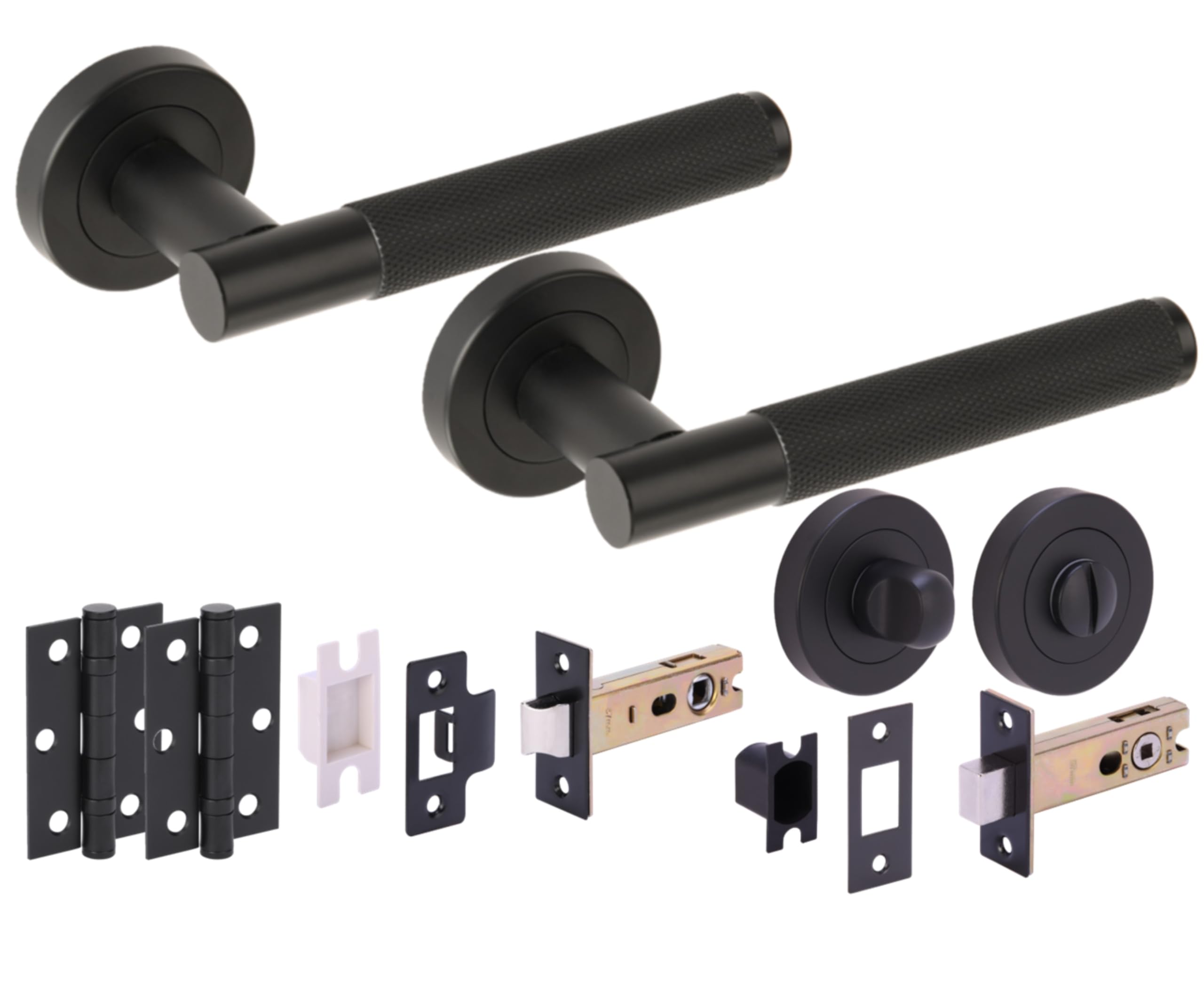 Hunta Black Matt Handlezone® Evo Knurled Grip Door Handles On Rose Bathroom Deadbolt Pack With Standard Turn Set, 76Mm Lock And Latch, 75Mm Ball Bearing Hinges