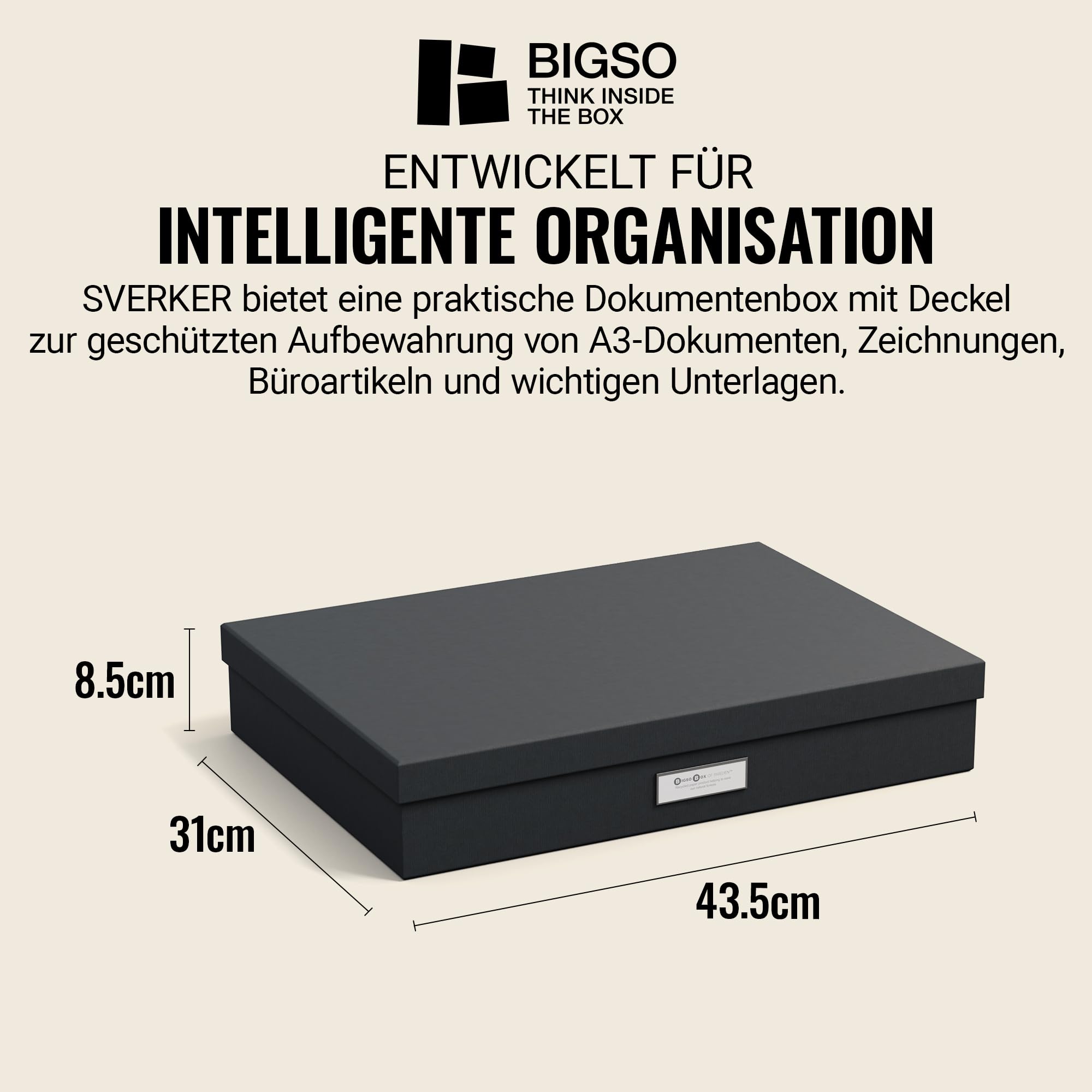 BIGSO SVERKER Dokumentenbox A3 – Aufbewahrungsbox mit Deckel und Griff – Schreibtischablage für Unterlagen, Skizzen & Dokumente – Archivbox aus recycelter Faserplatte und Papier – dunkelgrau