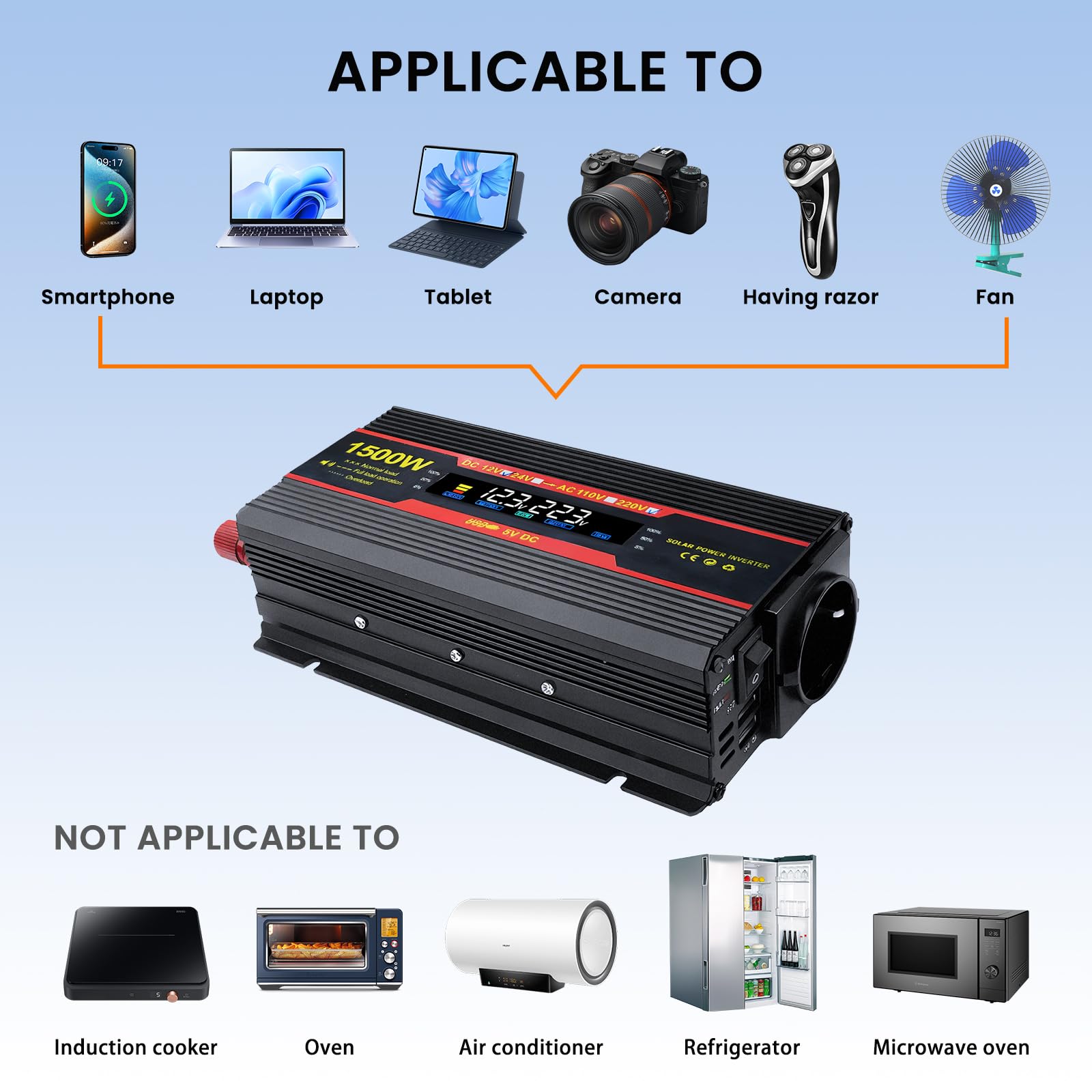 1500W Convertidor 12V 220V Transformador 12V A 220V Convertidor De Corriente, 1 Toma De Corriente Y 2 Puertos USB para AutomóViles, VehíCulos, Caravanas, Camiones