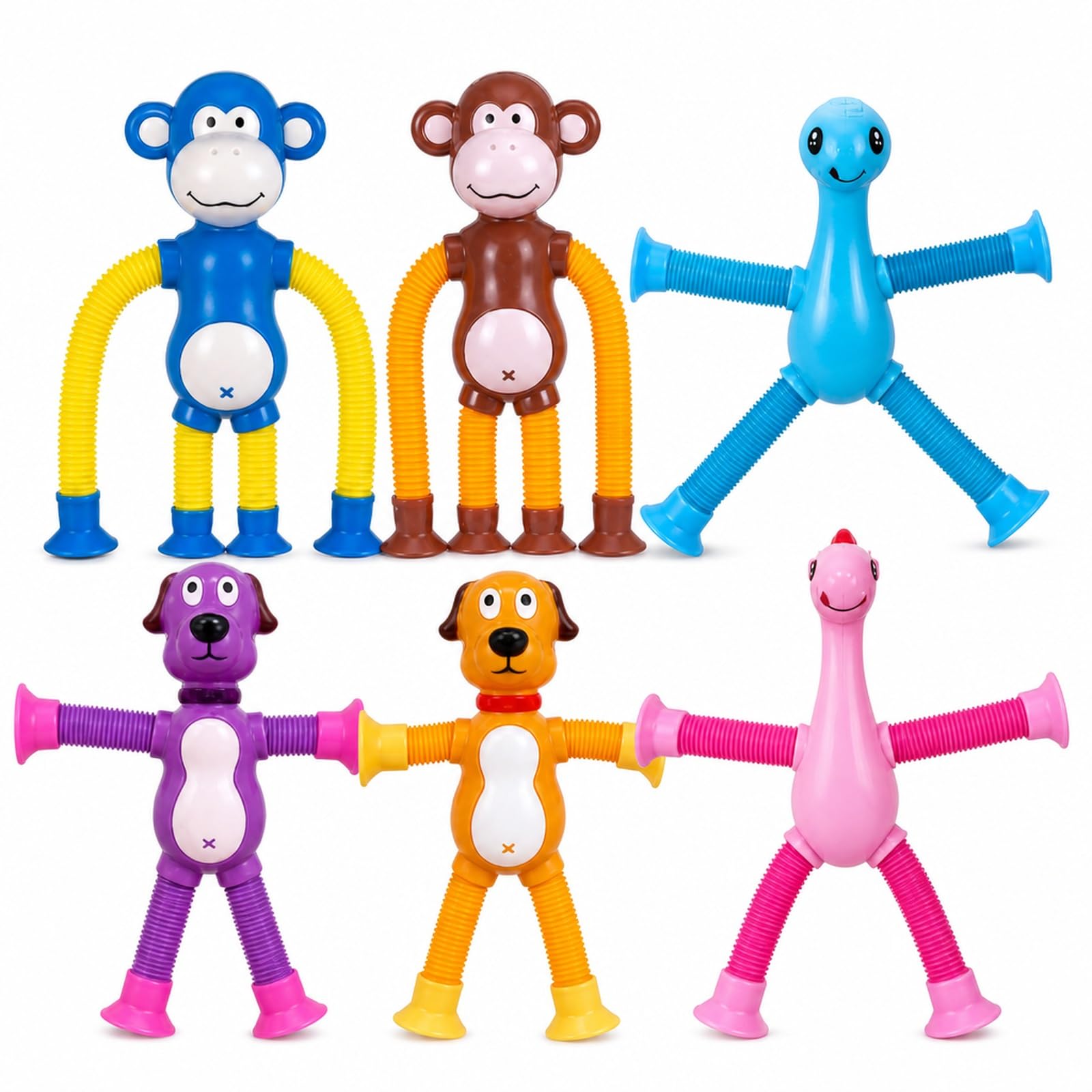 6PCS Stretchable Animal Sensory Tubes, for Fine Motor Skills Development, Bath Time and Travel Entertainment, Monkeys, Dogs, Dinosaurs