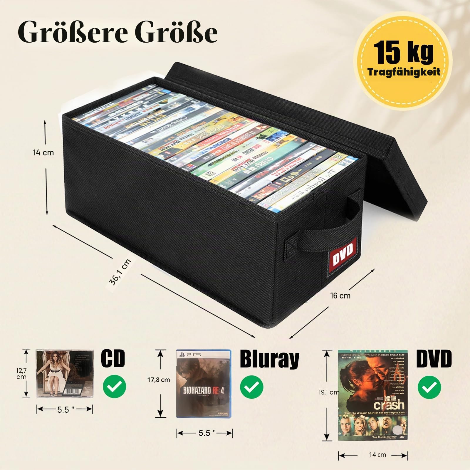 DVD-Aufbewahrungsboxen mit Deckel, stapelbar, aus Stoff für bis zu 104 DVDs (je 26), auch ideal zur Aufbewahrung von Blu-rays, Videospiel-Boxen, 4 Stück