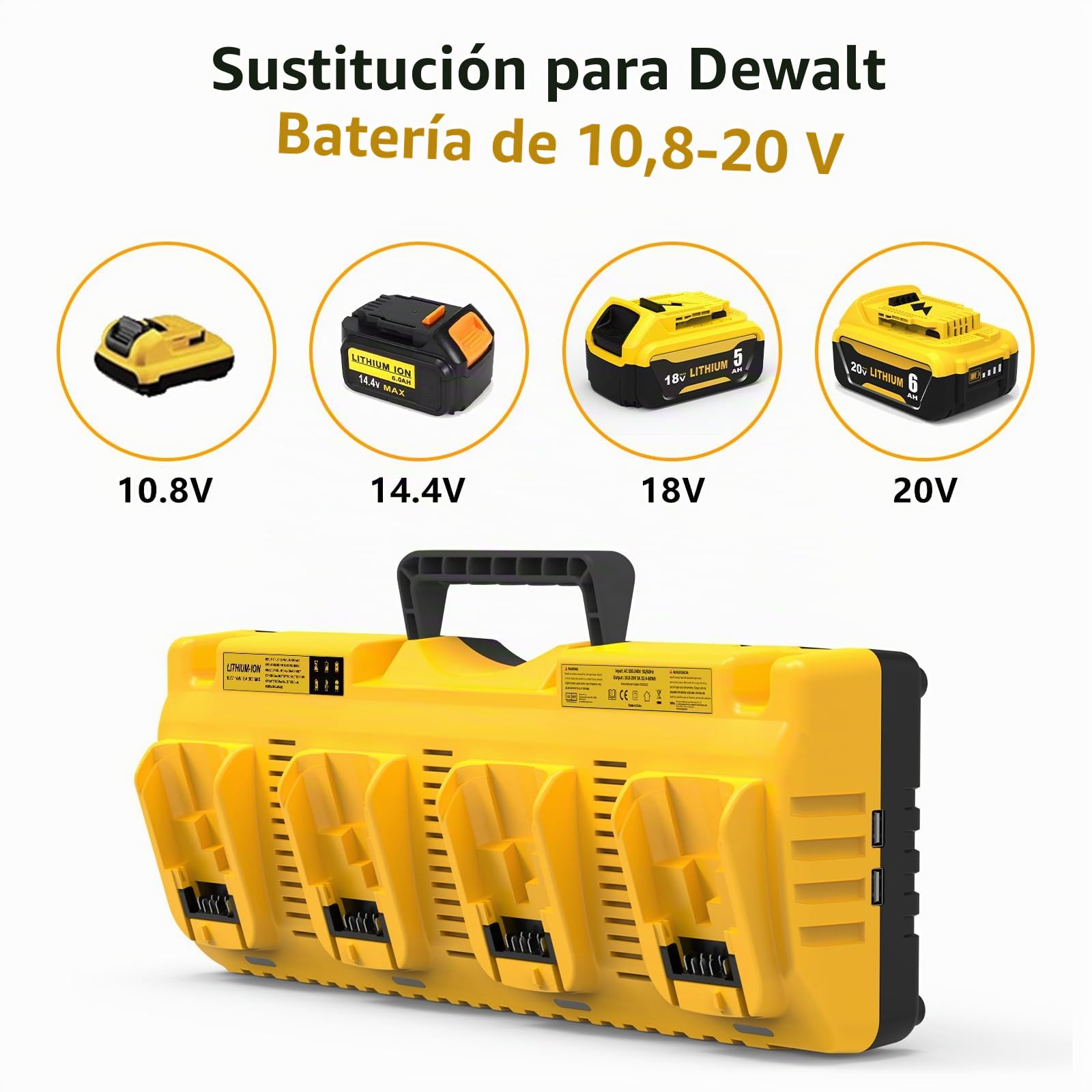 4 X 5,0 A de Repuesto para Dewalt batería 18 V y 1 X Cargador de 4 Puertos 10,8-20 V DCB104