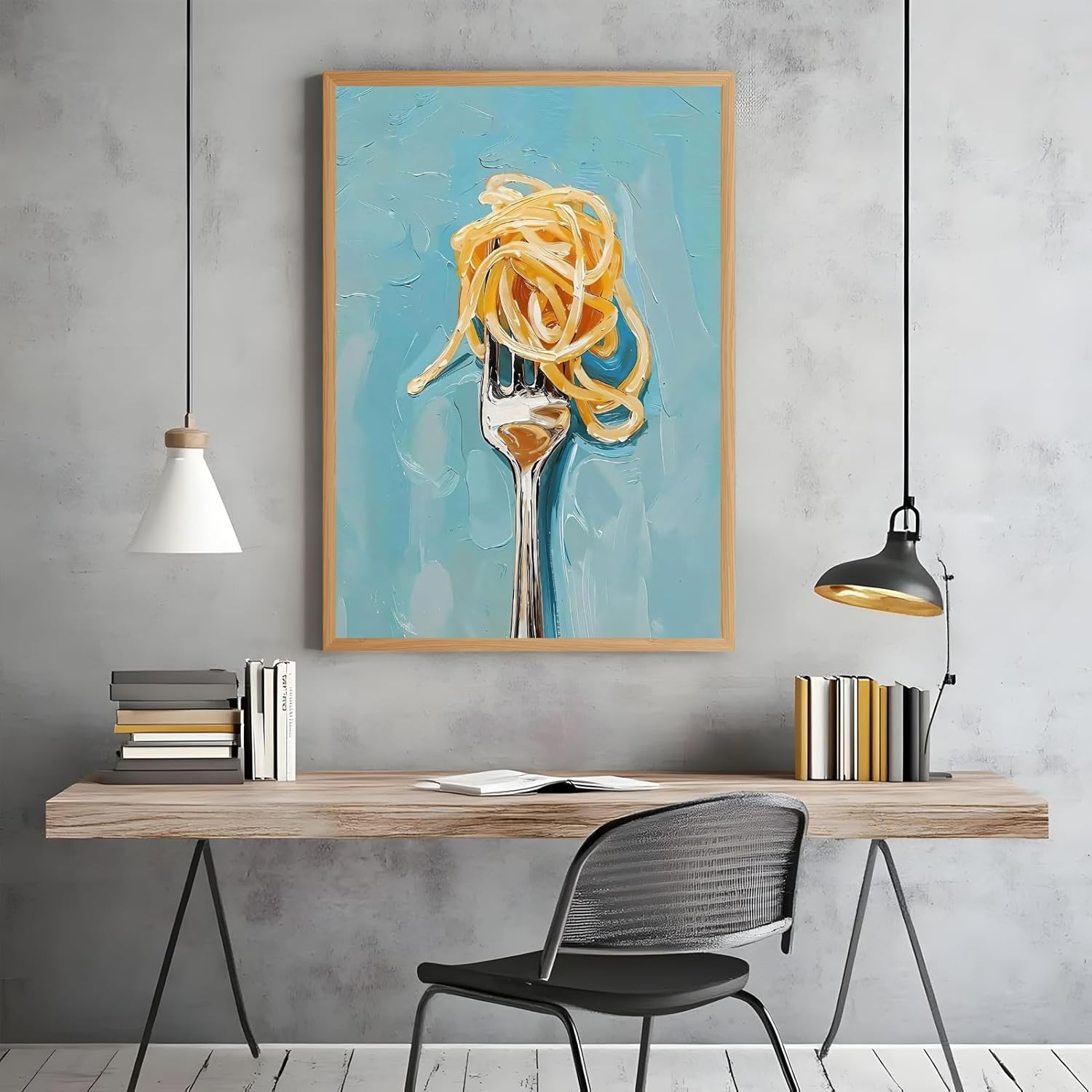 Wooden Frame Kitchen Wall Art Trendy Retro Pasta and Fork Food Canvas Print Minimalist Italian Funny Food Poster Rustic Cooking Pictures Aesthetic Decor for Dining Room Restaurant 12x16inch