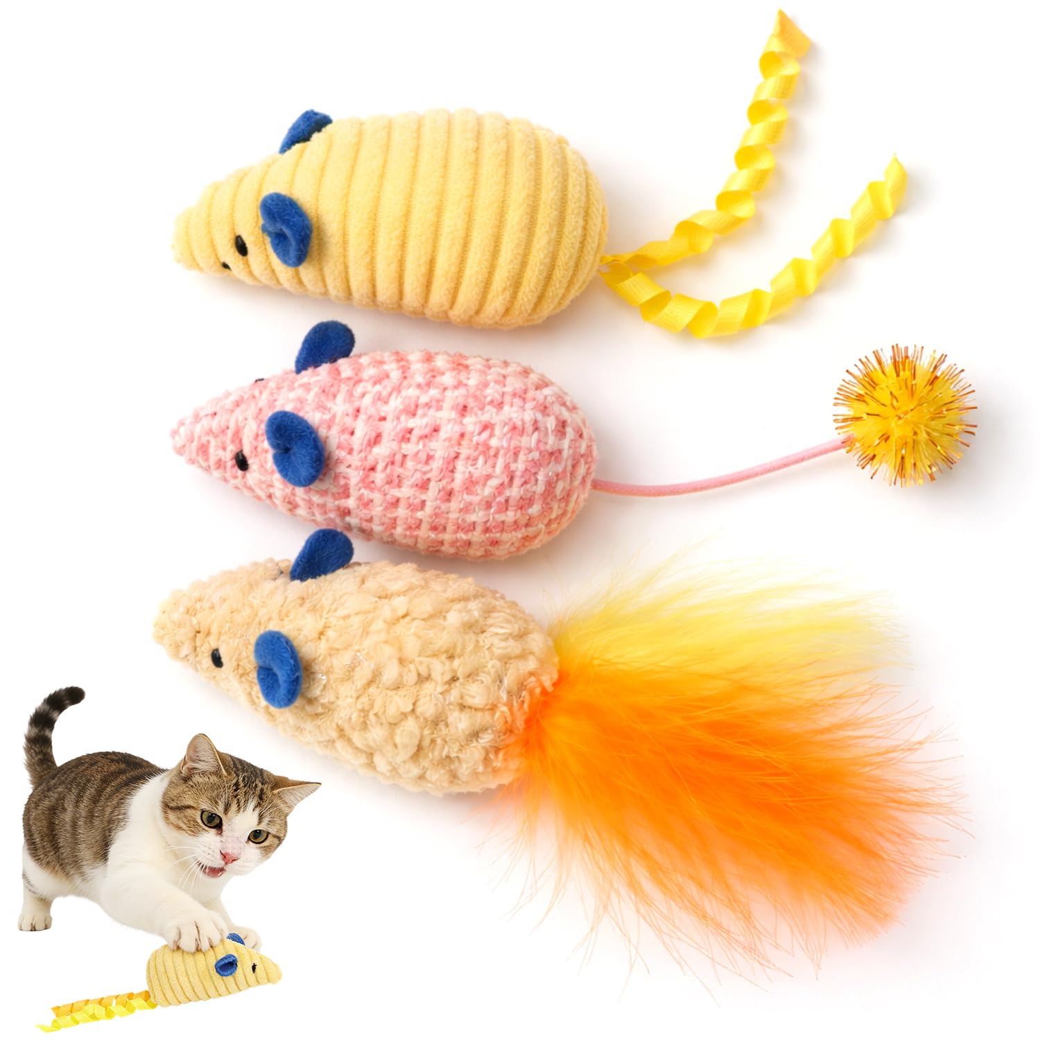 MOTIBACK 3PCS Mouse Toys for Indoor Cats, 7.08inch Multicolor Plush Mice Toy Interactive Cat Toys, Durable Chewing Toy for Kitten Kick Bite Play & Exercise