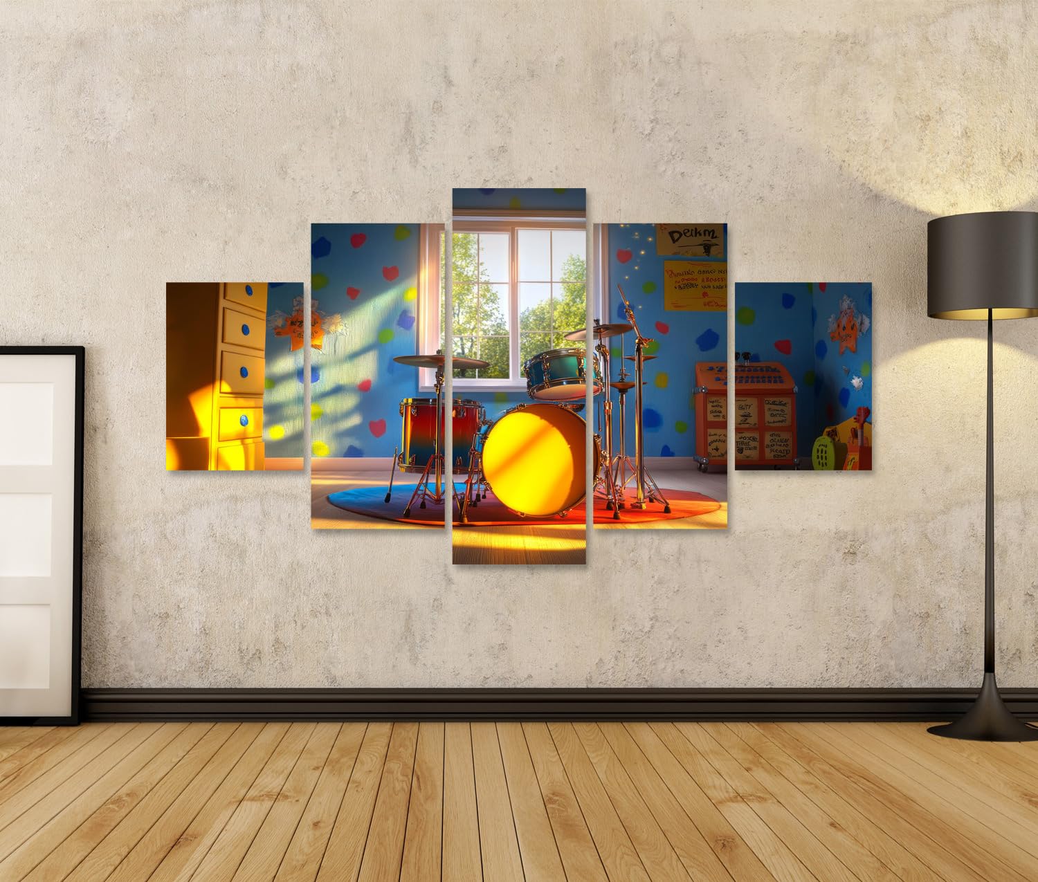 islandburner Cuadro sobre lienzo colorido habitación infantil con batería para habitación infantil infantil tienda de música imágenes murales póster