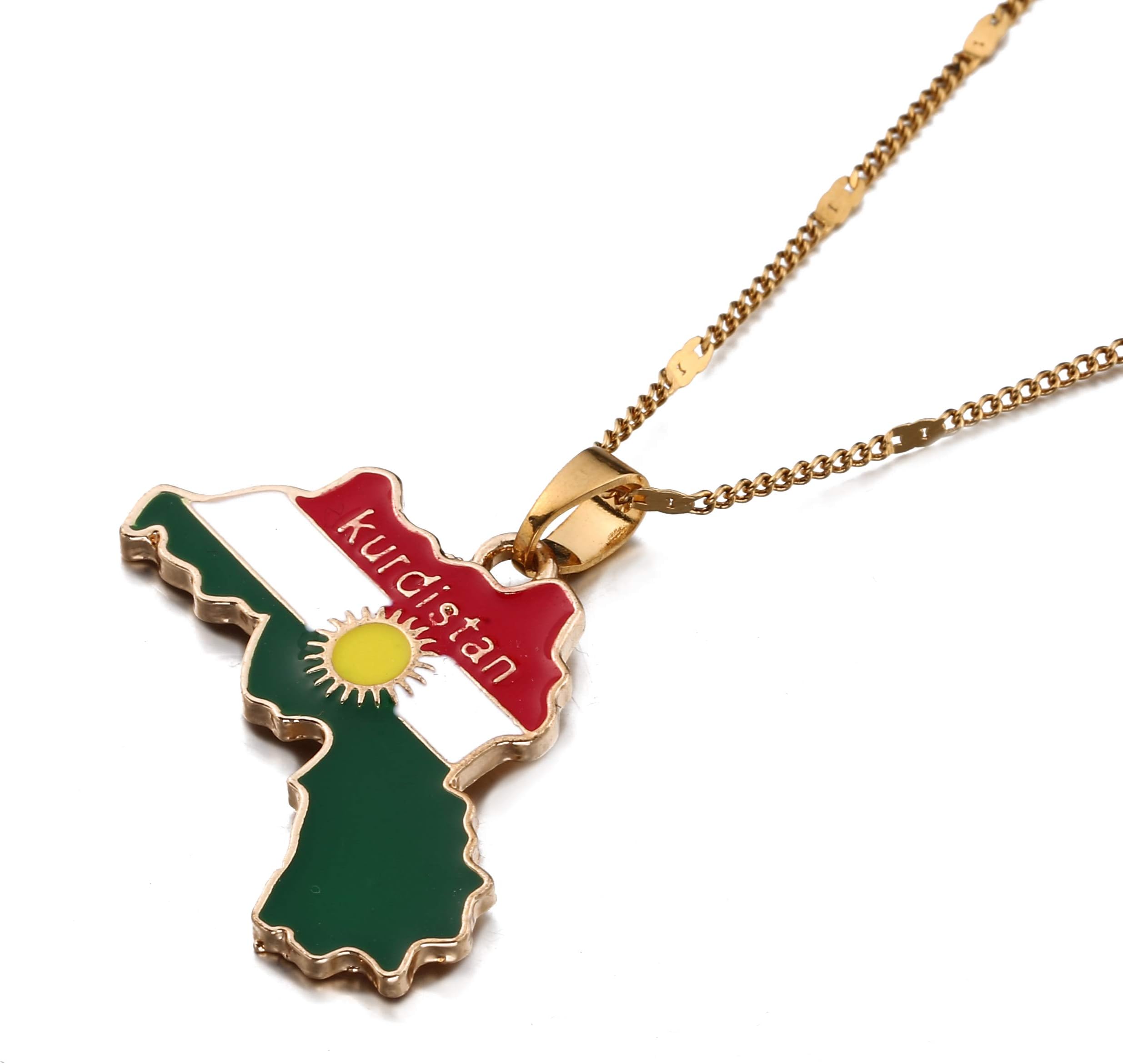 Kurdistan Gold Enamel Pendant Necklace Flag Region Map Kurdish Big Necklace Jewelry, Brass
