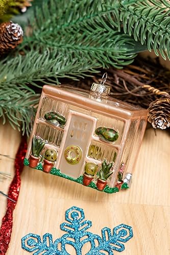 Miniatura 9 de Adorno de invernadero de vidrio soplado a mano y adorno de carretilla, juego de 2 adornos de jardín de vidrio para árbol de Navidad