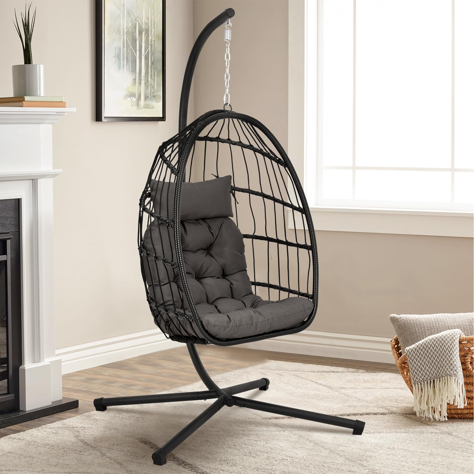 Warmiehomy Egg Chair Hanging Chair with Stand Garden Foldable Swing Chair with Cushion Rattan Hanging Egg Chairs for Indoor Outdoor Hammock Chair With Frame for Patio, Balcony