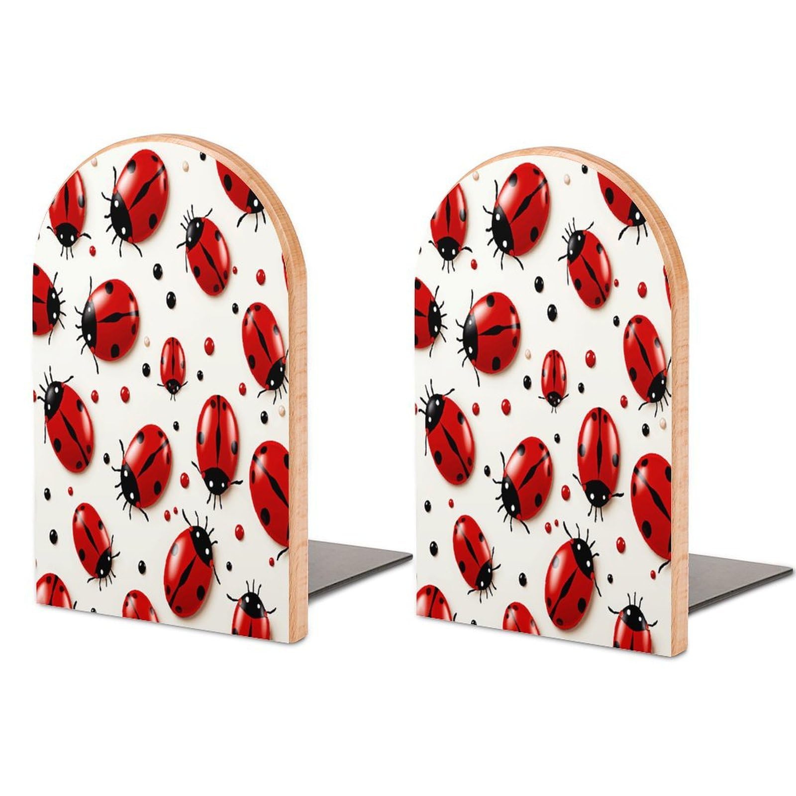 Red Ladybug Bookends Modern Bookends for Shelves Fashion Heavy Duty Book Stopper Sturdy Non-Skid Metal Base Wood Book Ends for Library Home Office 1 Pair