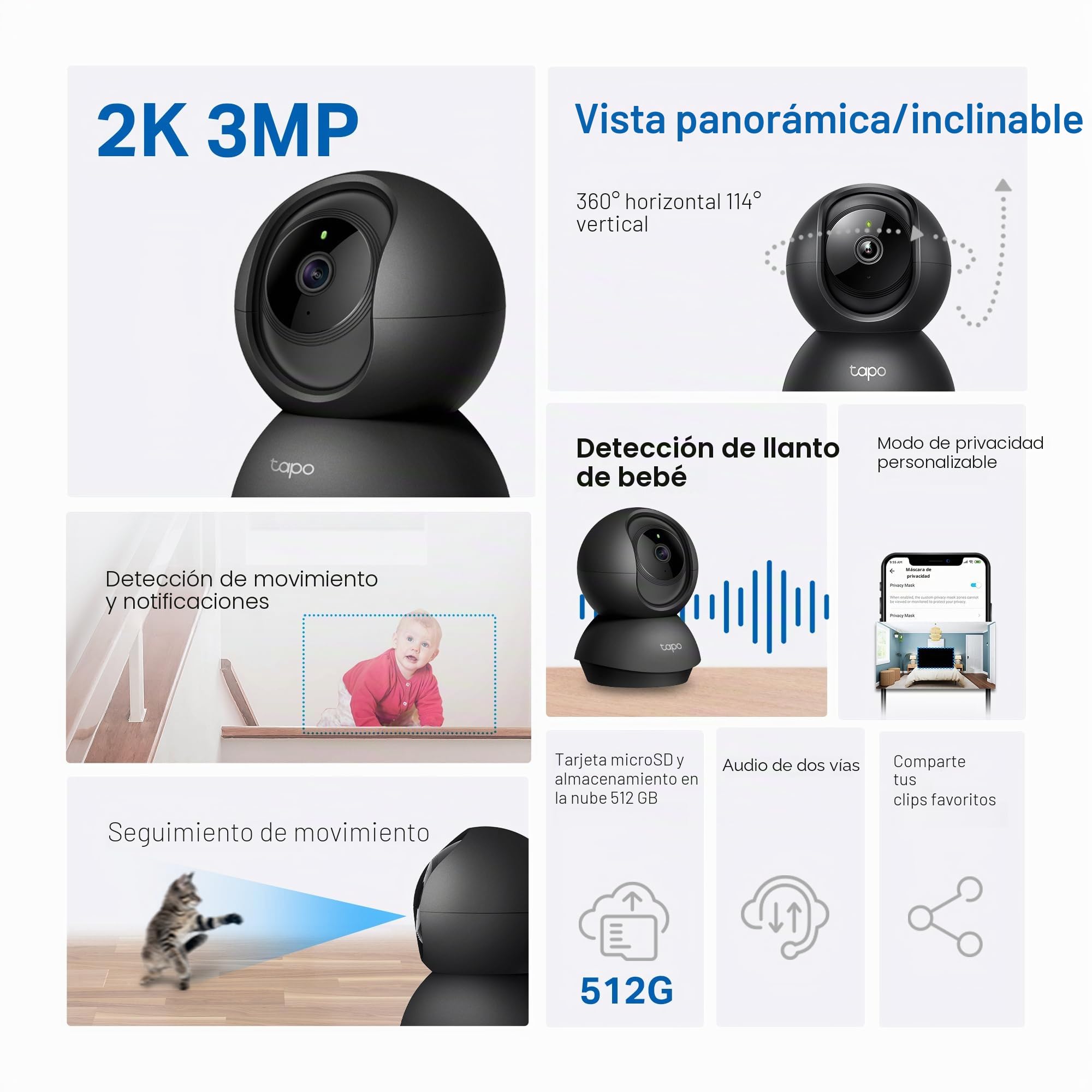 Tapo Cámara de Seguridad C211 2K 3 MP, panorámica e inclinable, WiFi, detección de IA, para Perros, bebé, visión Nocturna, Funciona con Alexa y Google