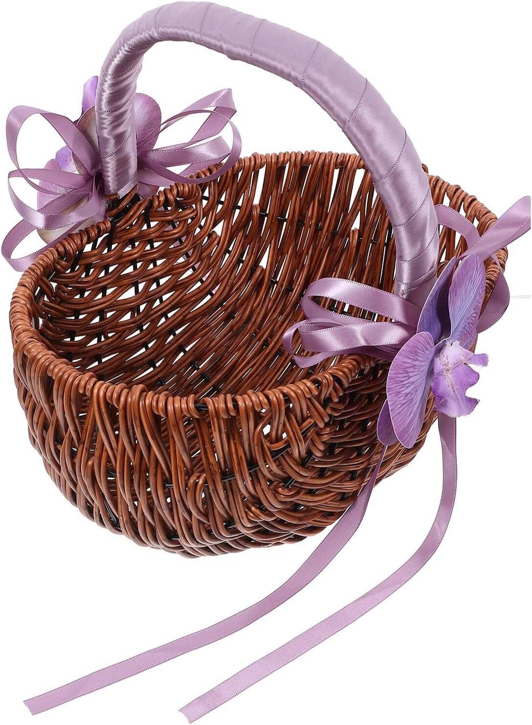 Beavorty Wedding Flower Girl Basket Handwoven Small Wood and Plastic Floral Storage Container with Purple Handle for Wedding Party Ceremony Supplies