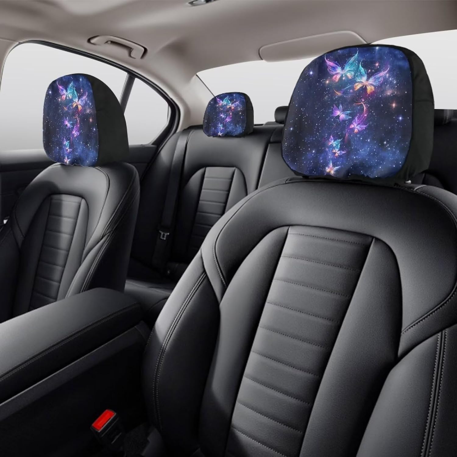 AFPANQZ Galaxy Butterfly Car Headrest Covers Set of 4 Auto Seat Head Rest Protector Cushion Universal Fit Sun Protection Flower Print Cars Headrest Sleeve for Truck Van SUV