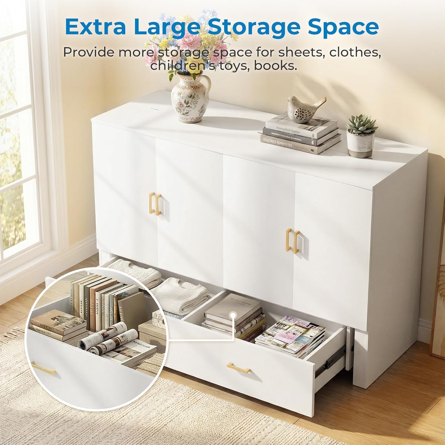 Mjkone Queen Size Murphy Cabinet Bed with RGB LED Lights, High Gloss MDF Murphy Beds with Tri-Folding Mattress Included, Convertible Chest Cabinet Bed with Storage Drawers for Small Spaces, White