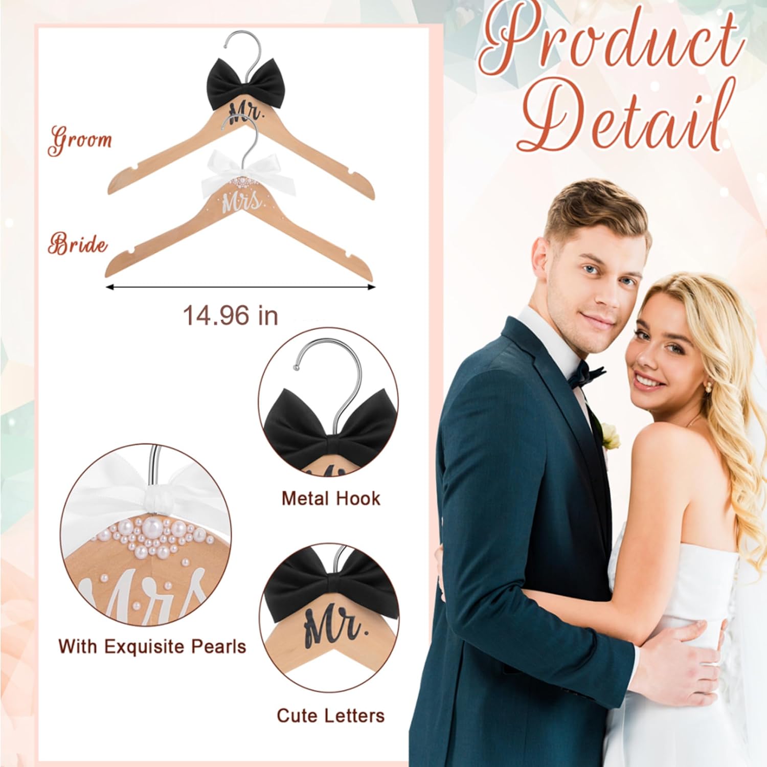 Beeveer 2 Pcs Bride Hanger Set Bride and Groom Hanger for Wedding Dress with Bow Tie for Tuxedo Wedding Gifts Bridal Party Shower