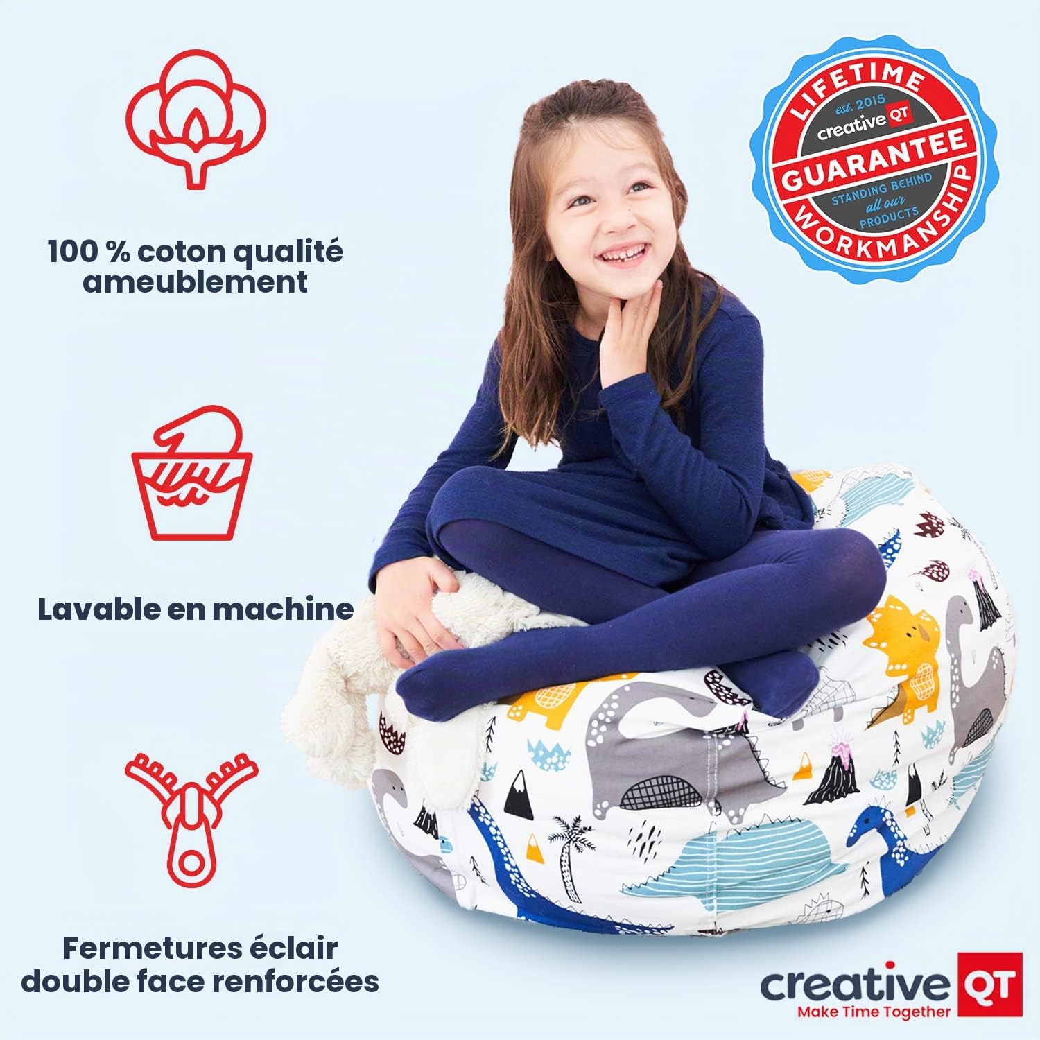 Creative QT Stuff 'n Sit Housse de Rangement pour Pouf Extra Large de 38 po pour Animaux en Peluche et Jouets - Velours côtelé Gris Clair