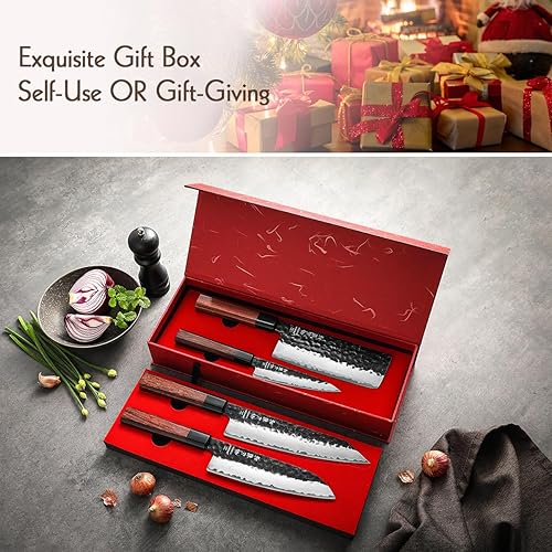 Miniatura 8 de HEZHEN Juego de cuchillos de cocina 4 piezas, cuchillo de chef de acero revestido Nakiri forjado Santoku, mango octogonal de madera