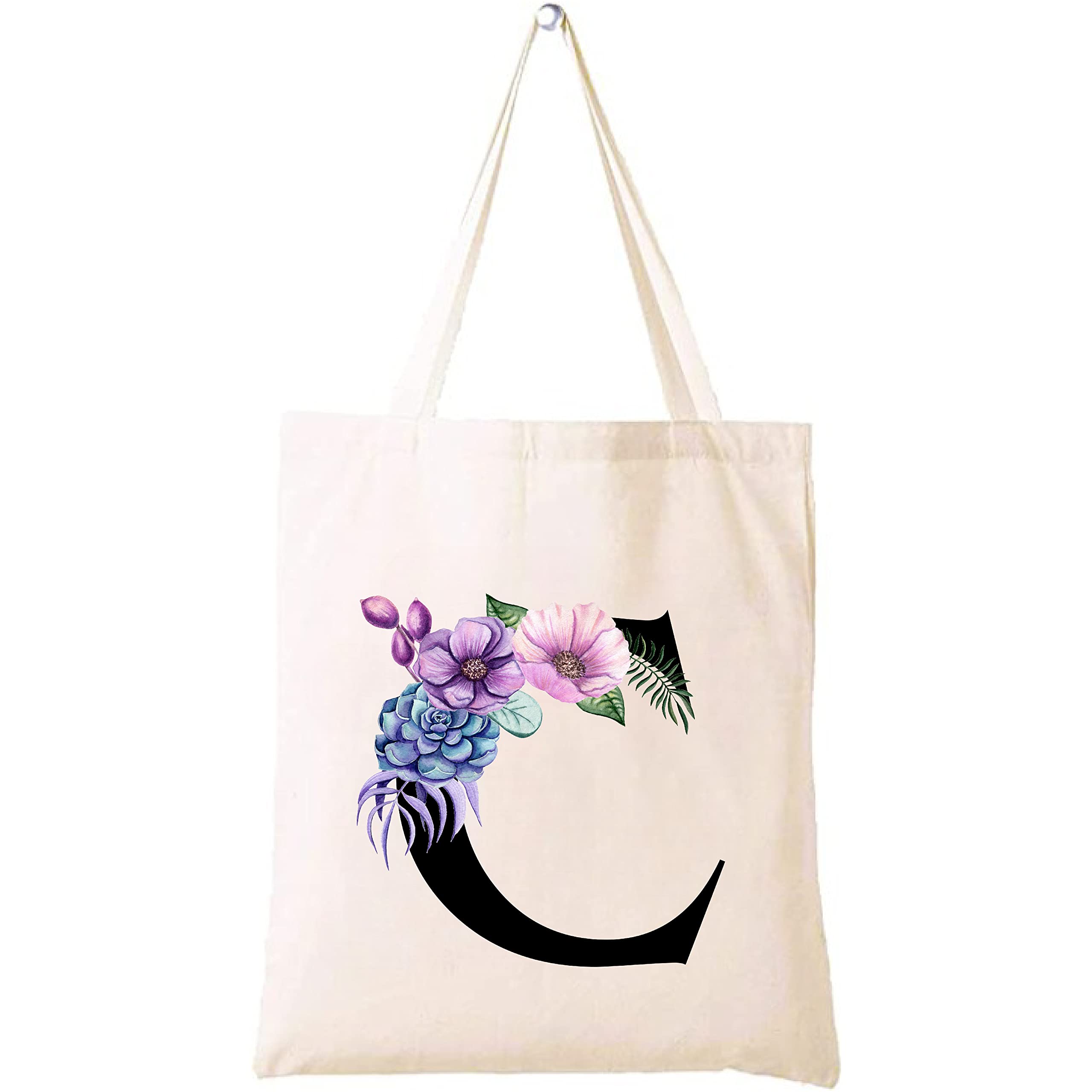 Eco-Friendly Canvas Cotton Tote Bag with Floral Design on Initial Letters Printed Bridesmaids Bags for Women- Reusable Shopping Bag, Party Gift Idea and Cotton Gift Bag
