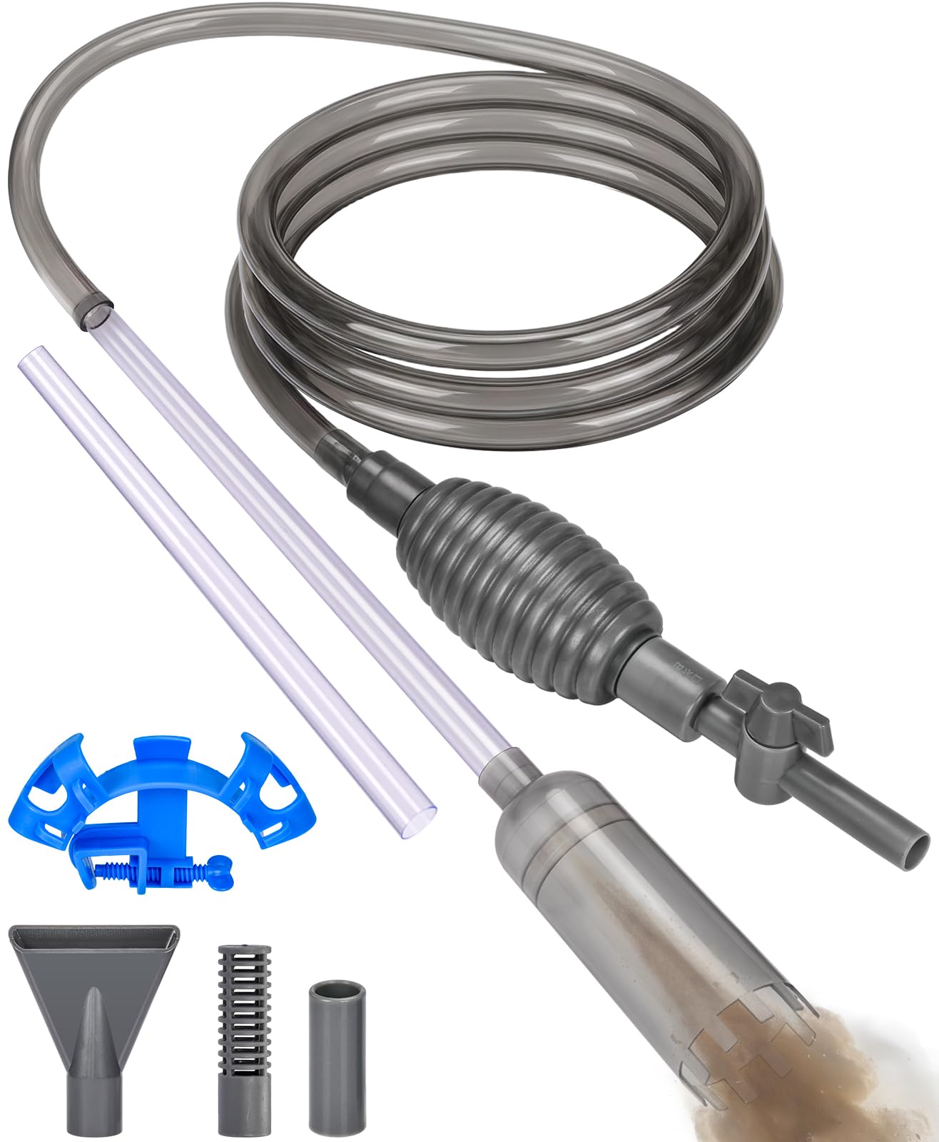 Aquarium Siphon 3 m Gravel Cleaner Hose with Rigid Tube 70 cm, On/Off Valve, Integrated Filter, Duckbill Nozzle, Sand Guard and Holder for Aquarium Cleaning