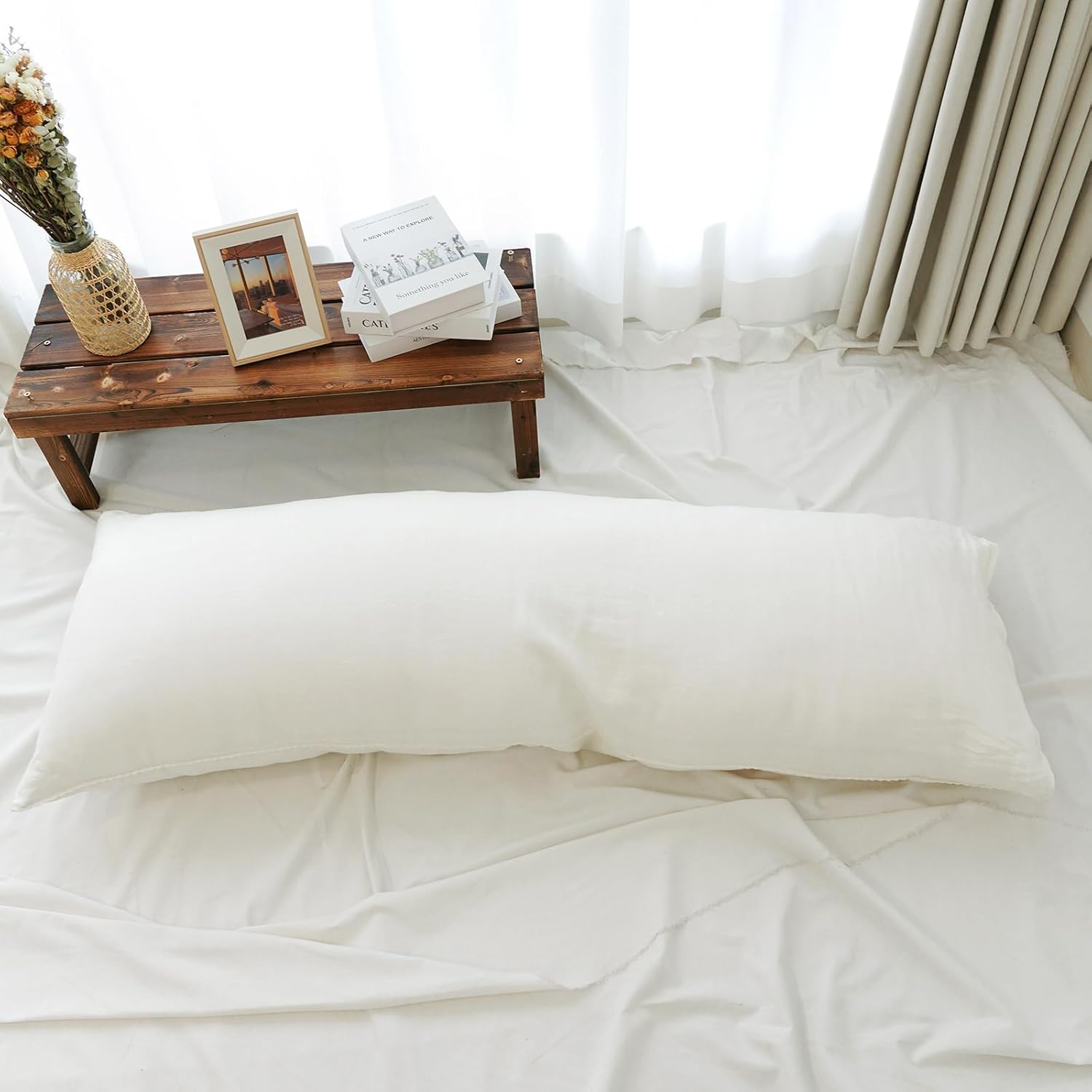 100% Pure Linen Body Pillow Cover with Lace, 20" x 54" inches Long Pillow Case,Soft and Breathable Pillowcase with Envelope Closure for Decorative and Bed (White)