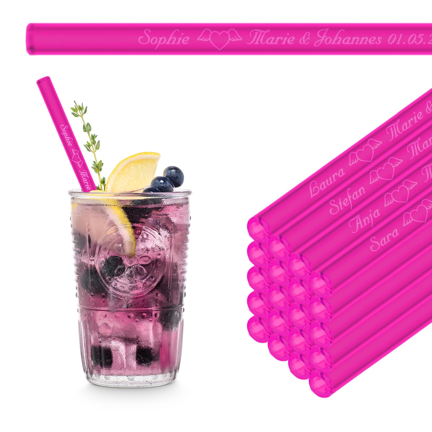 Prezenty dla gości weselnych z wygrawerowanymi imionami lub tekstem, 20 x 20 cm, neonowy róż, spersonalizowane szklane słomki z grawerunkiem na komunię, chrzest, pożegnanie, wychowawcę lub prezent