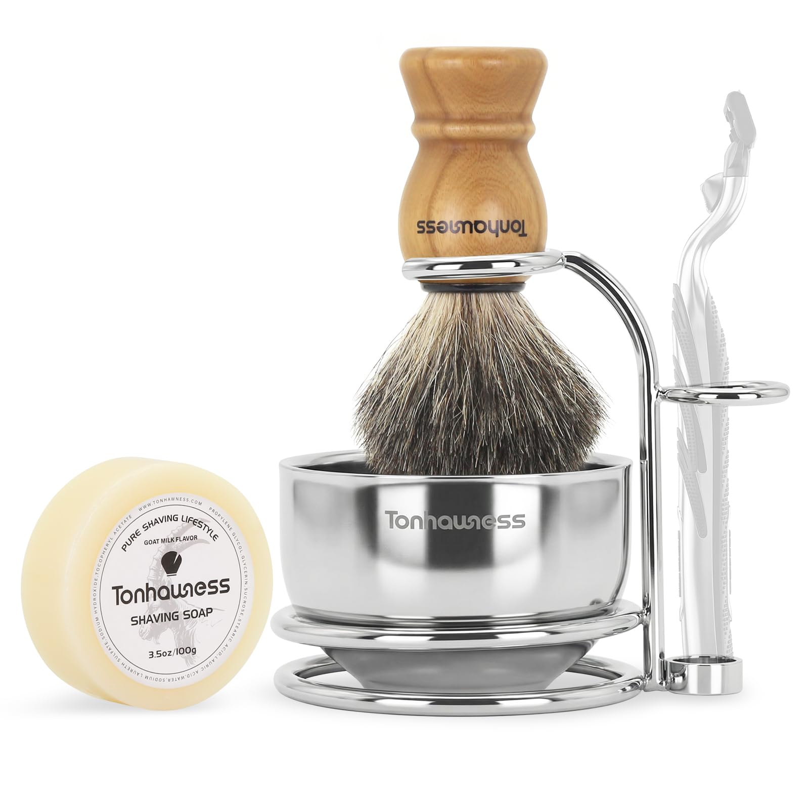 Blaireau de rasage en poils de blaireau avec manche en bois, savon de rasage au lait de chèvre, base à double anneau en acier inoxydable et bol de rasage à 3 couches pour homme (bois avec poils de