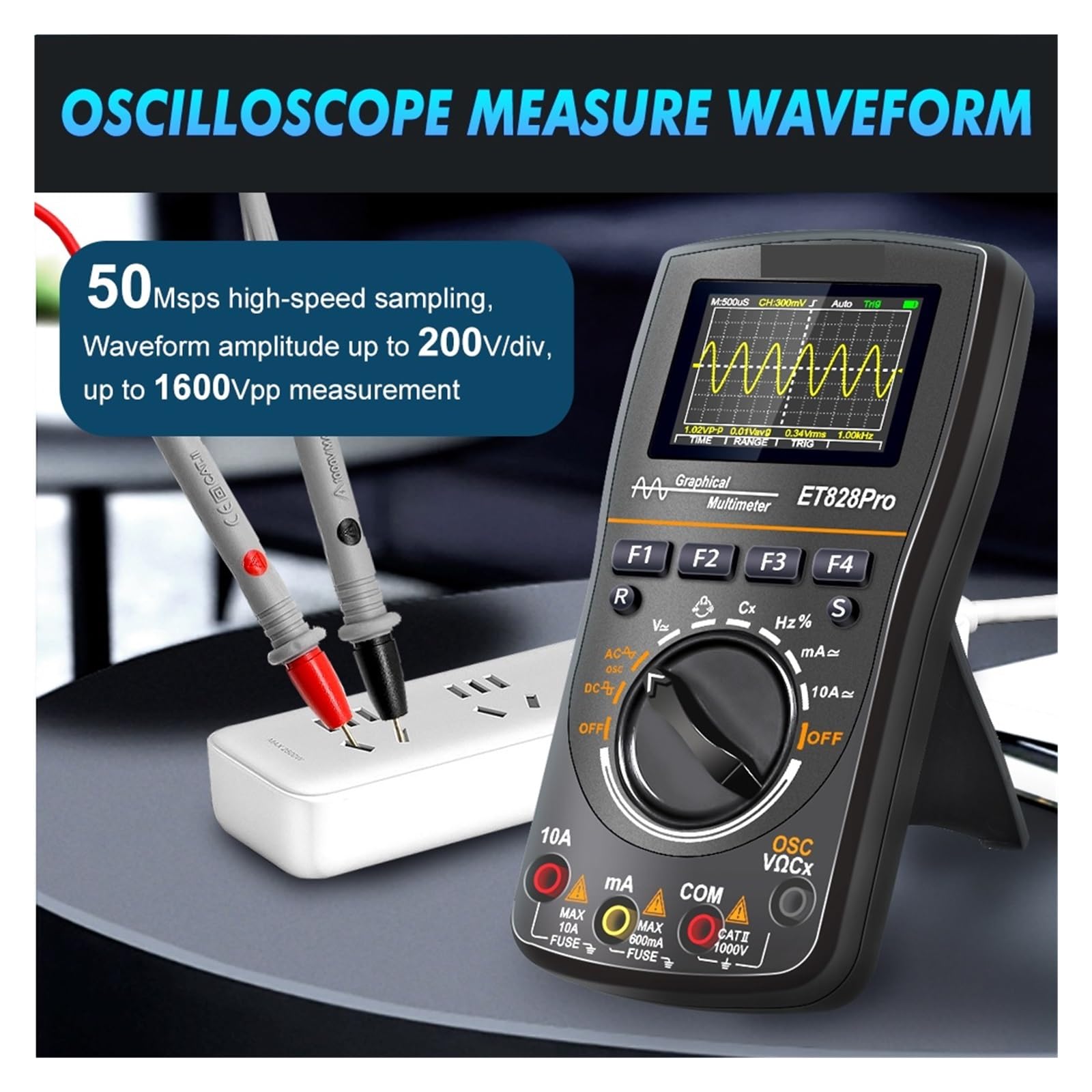 Osciloscopio Digital Osciloscopio portátil ET828Pro de 10MHz, Herramienta Prueba multímetro True RMS 6000 Cuentas