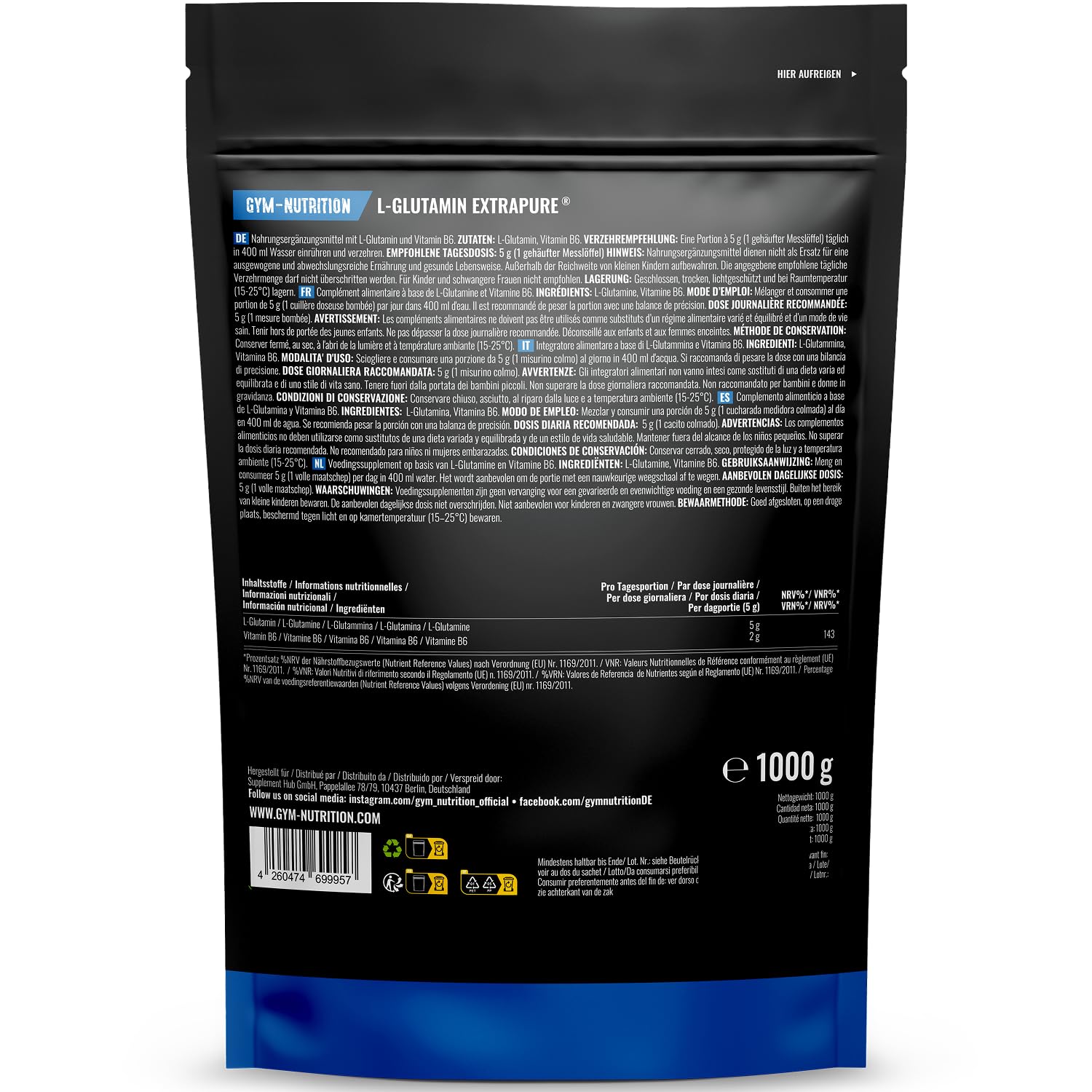 Glutammina in Polvere - 1 KG - 200 Porzioni - L-Glutammina Extra Pura con Vitamina B6 - Vegana e Prodotta in Germania - Glutamina Polvere