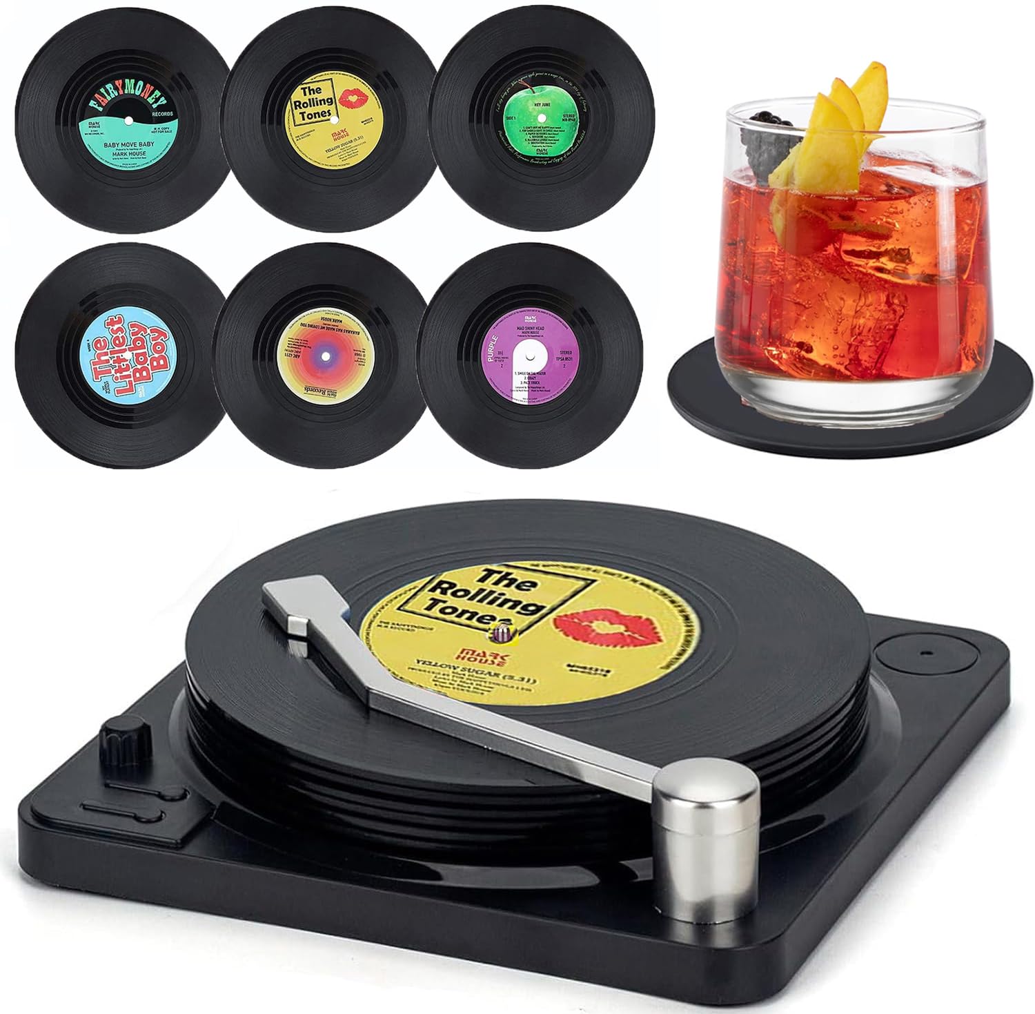 Set di 2 sottobicchieri rotondi in vinile con bassotto e salsiccia