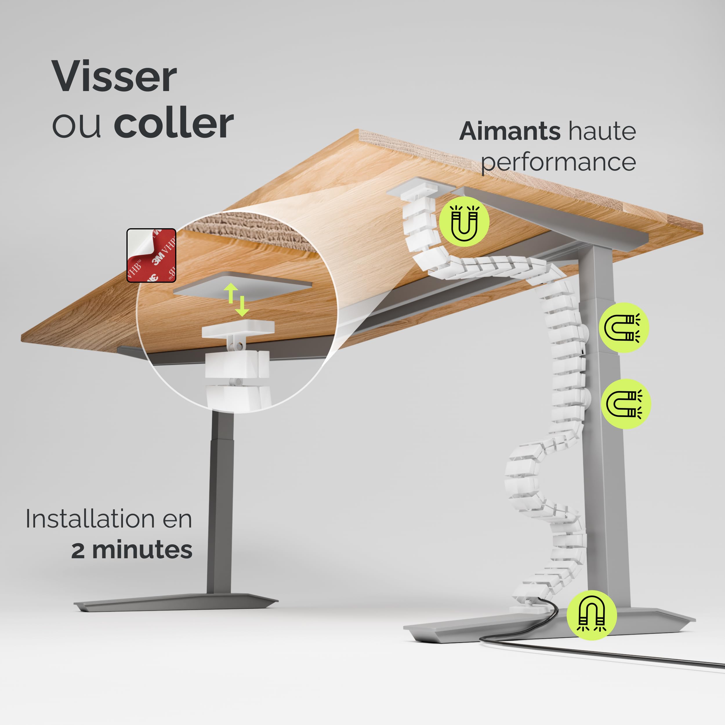 VALU Gestion de Câbles Bureau Premium – Gaine câble 128 cm Flexible pour Bureau réglable en Hauteur – Montage vis ou adhésif – 4 aimants & 3 organisateurs de câble Inclus