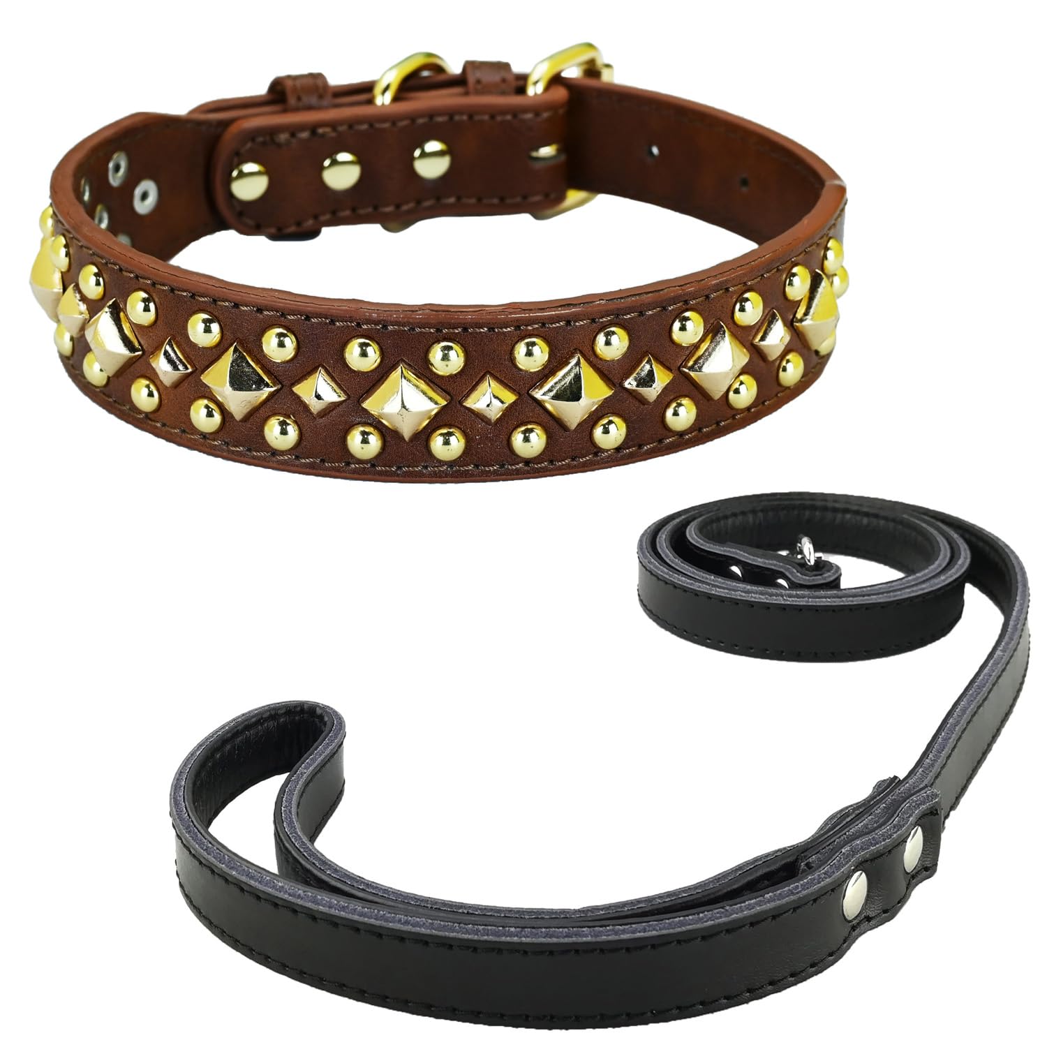 Collar y correa para perro con tachuelas antimordeduras, con pincho cuadrado dorado para perros pequeños y grandes (0014), marrón, talla S