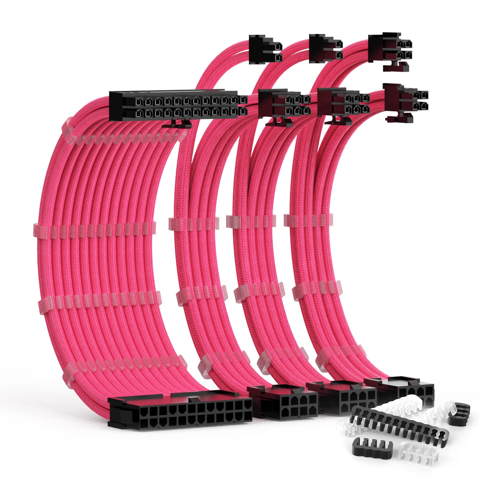 PSU-Kabel-Verlängerungsset mit zwei Sets von Kabelkämmen, 1 x 24-polig, 1 x 8-polig (4 + 4), EPS/2 x 8-polig (6P + 2P) PCI-E/30 cm Länge, PC-ummanteltes Kabel für ATX-Netzteil, Rosa