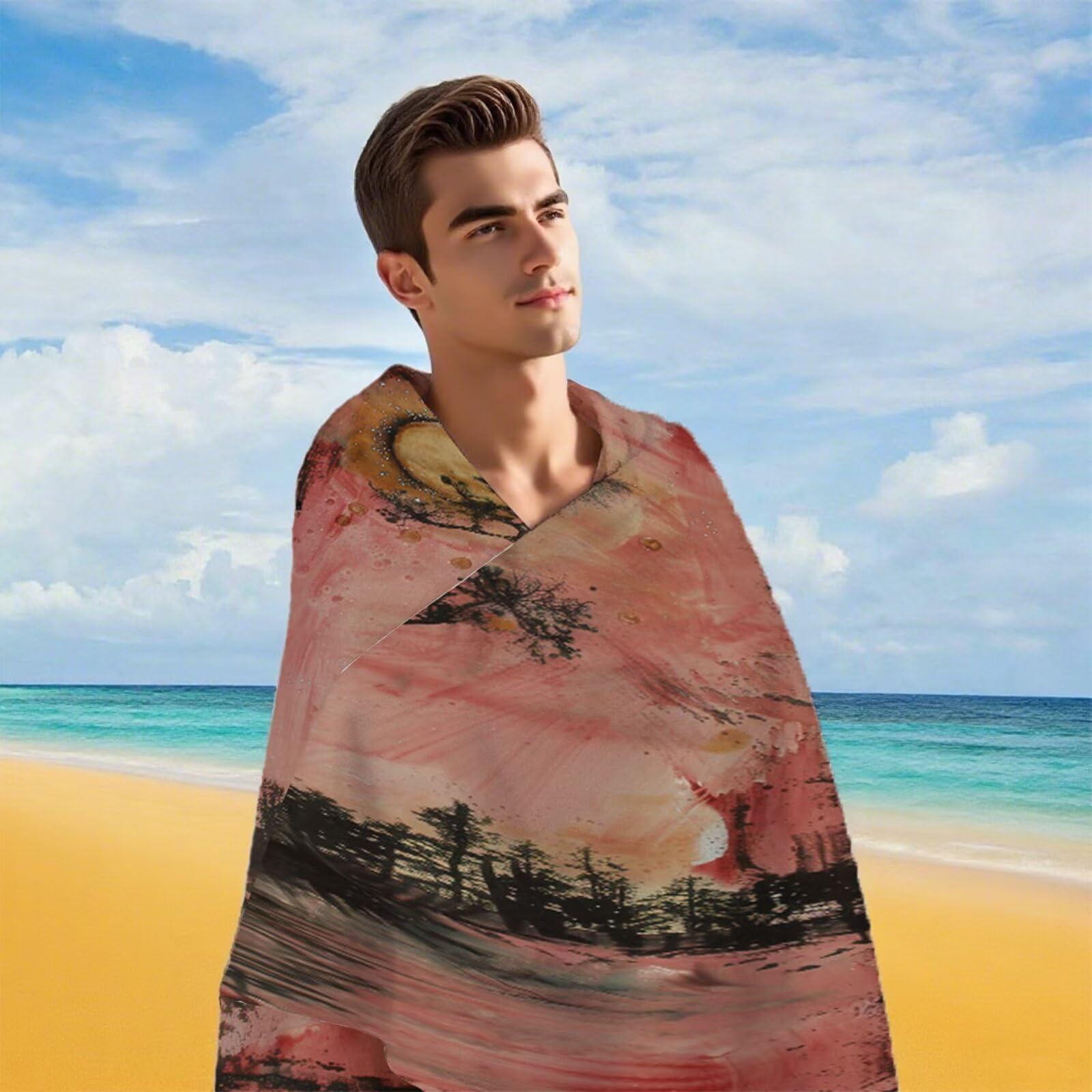 Strandtuch Rosa Tuschemalerei Mikrofaser Handtuch Groß 220 x 100 cm, Saunahandtuch Schnell Trocknendes, Sandfreie Stranddecke, Saugfähiges Badetuch, Platzsparende Reisehandtuch, Sauna Zubehör Y1-611