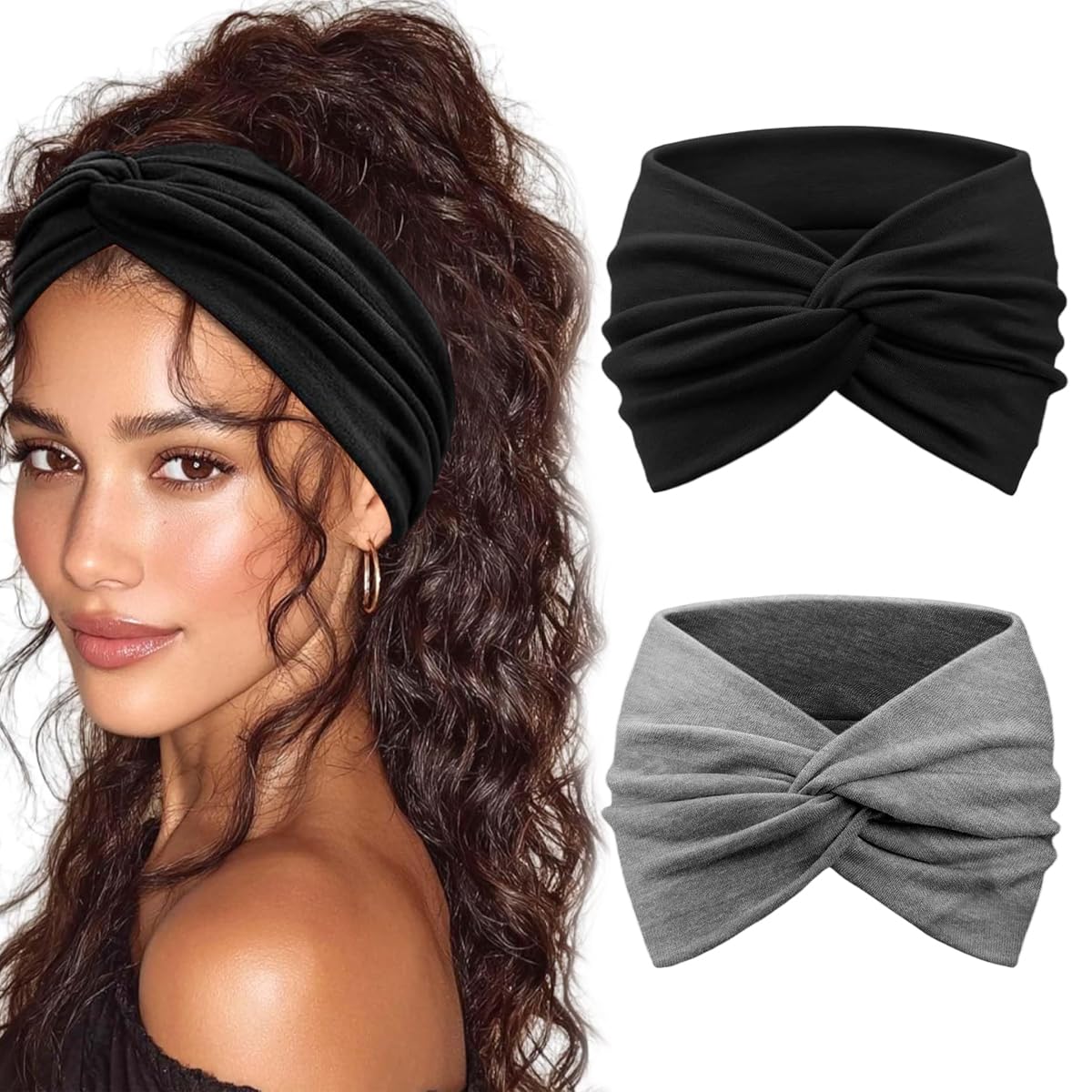 2Pcs Wide Headbands for Women, Stylish Turban Head Bands Stretchy Twisted Knot Headbands Sweatbands for Daily, Street Style, Sport, Face Care-image-23