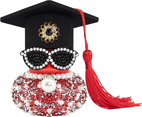 wonuu Graduation Rhinestone Rubber Duck, Car Dashboard Decorations Ducky, Funny Class Graduation Party Gifts for Graduates with Grad Tassel Cap, Sunglasses, Pearl Necklace (Red)