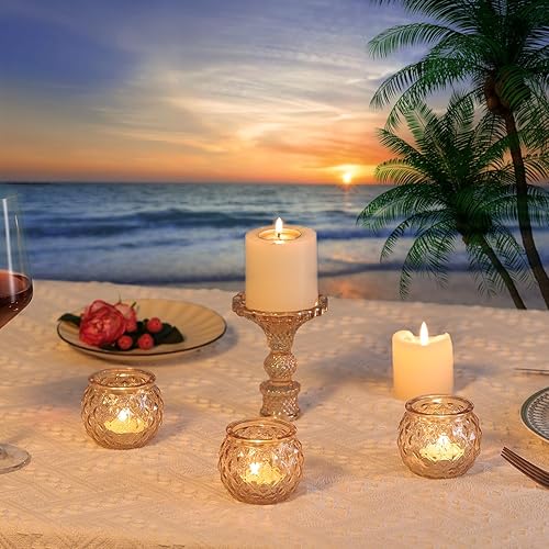 Miniatura 4 de DARJEN Juego de 24 portavelas votivos dorados - Portavelas de vidrio redondos a granel para centro de mesa, portavelas para velas de té para
