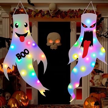 Halloween Decorations Outdoor Indoor, 2 Pack Light Up Ghost Decorations with LED Lights, Hanging Ghost Halloween Decor for Yard Porch Garden Lawn Party 1A-2Pack