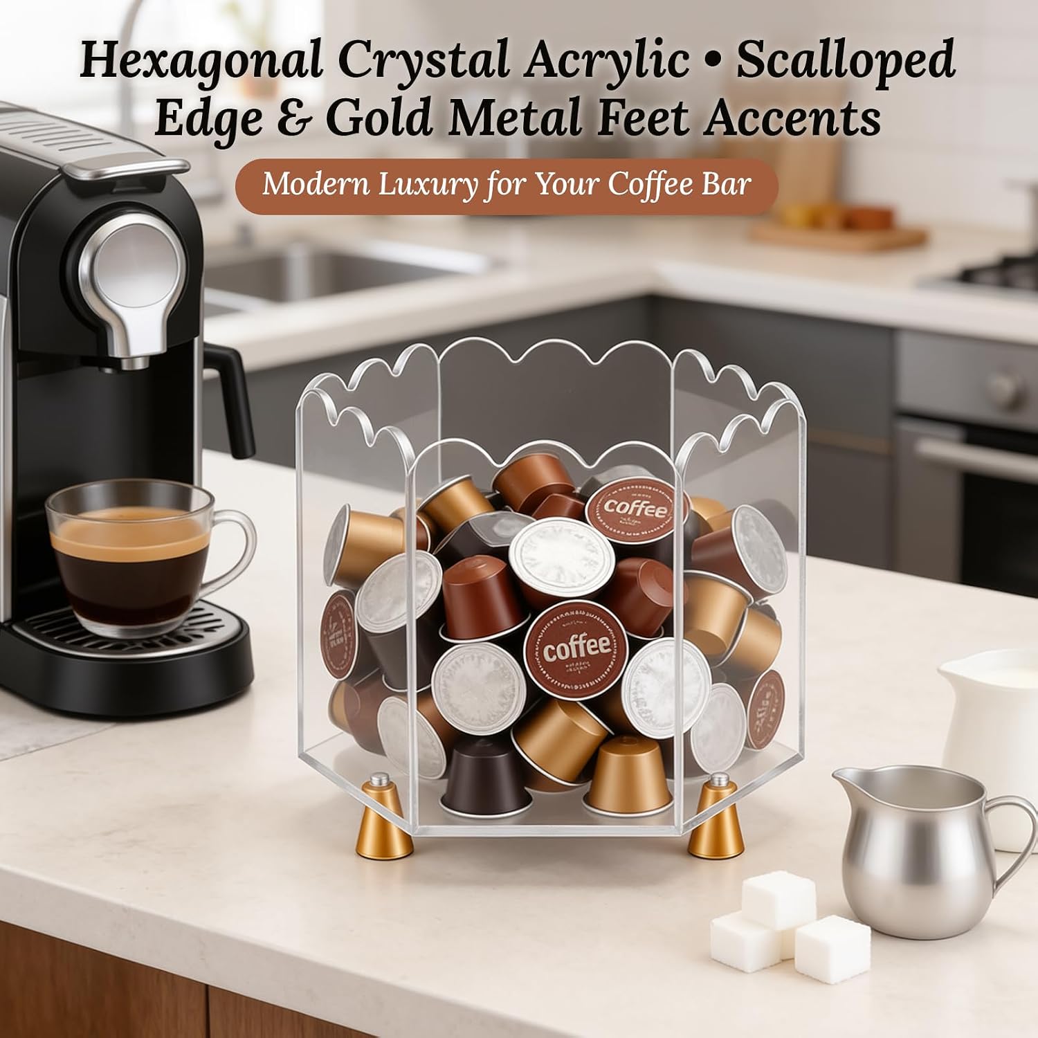 Acrylic Coffee Pod Holder, 3.5mm Thick Scalloped Edge, Modern Coffee Pod Organizer with Gold Metal Feet Accents, Large Capacity Hexagonal Storage for Kitchen Countertop,Office Desktop